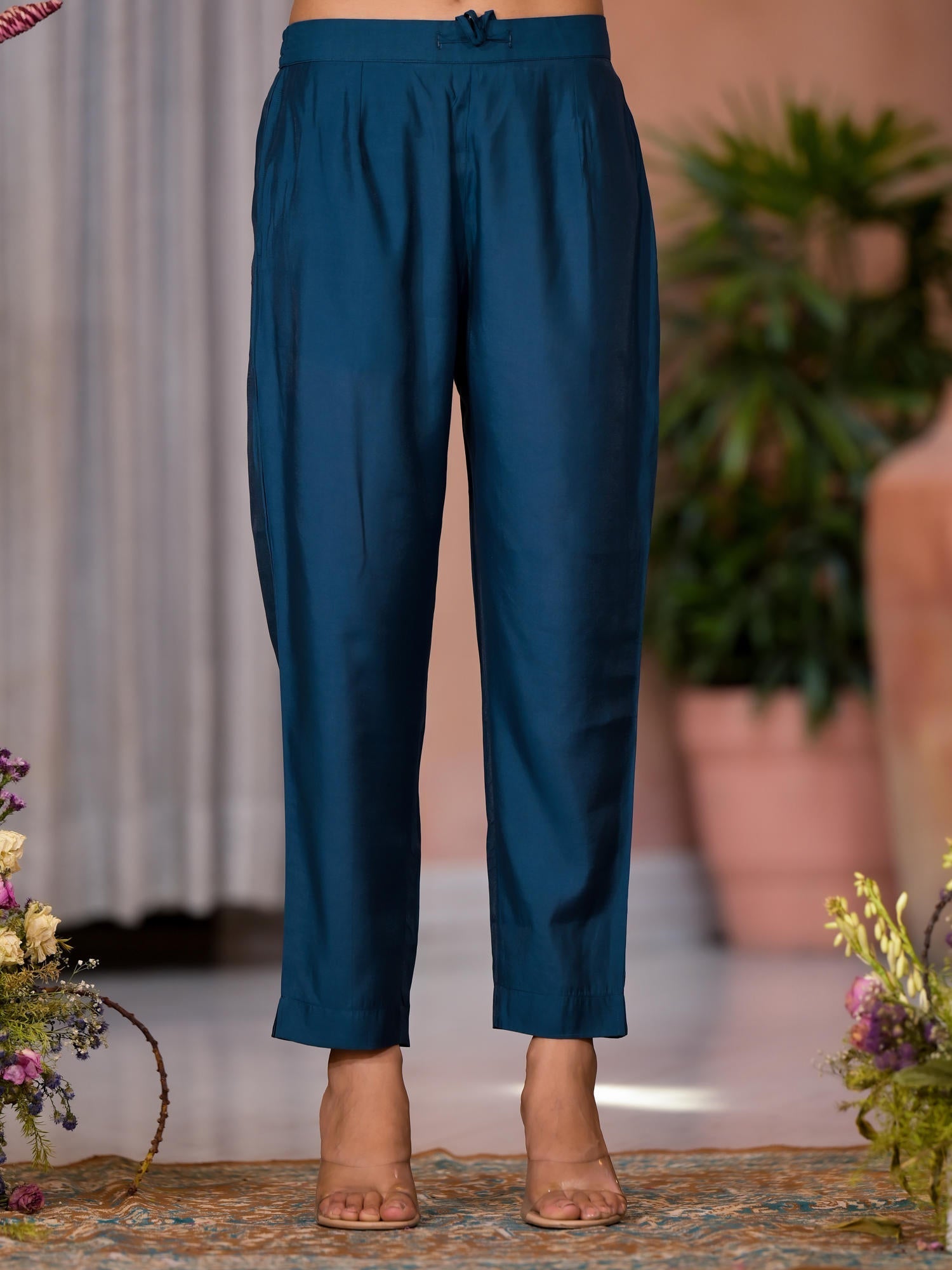 Teal Thread Work Embroidered Viscose Kurta Pant And Dupatta Set With B