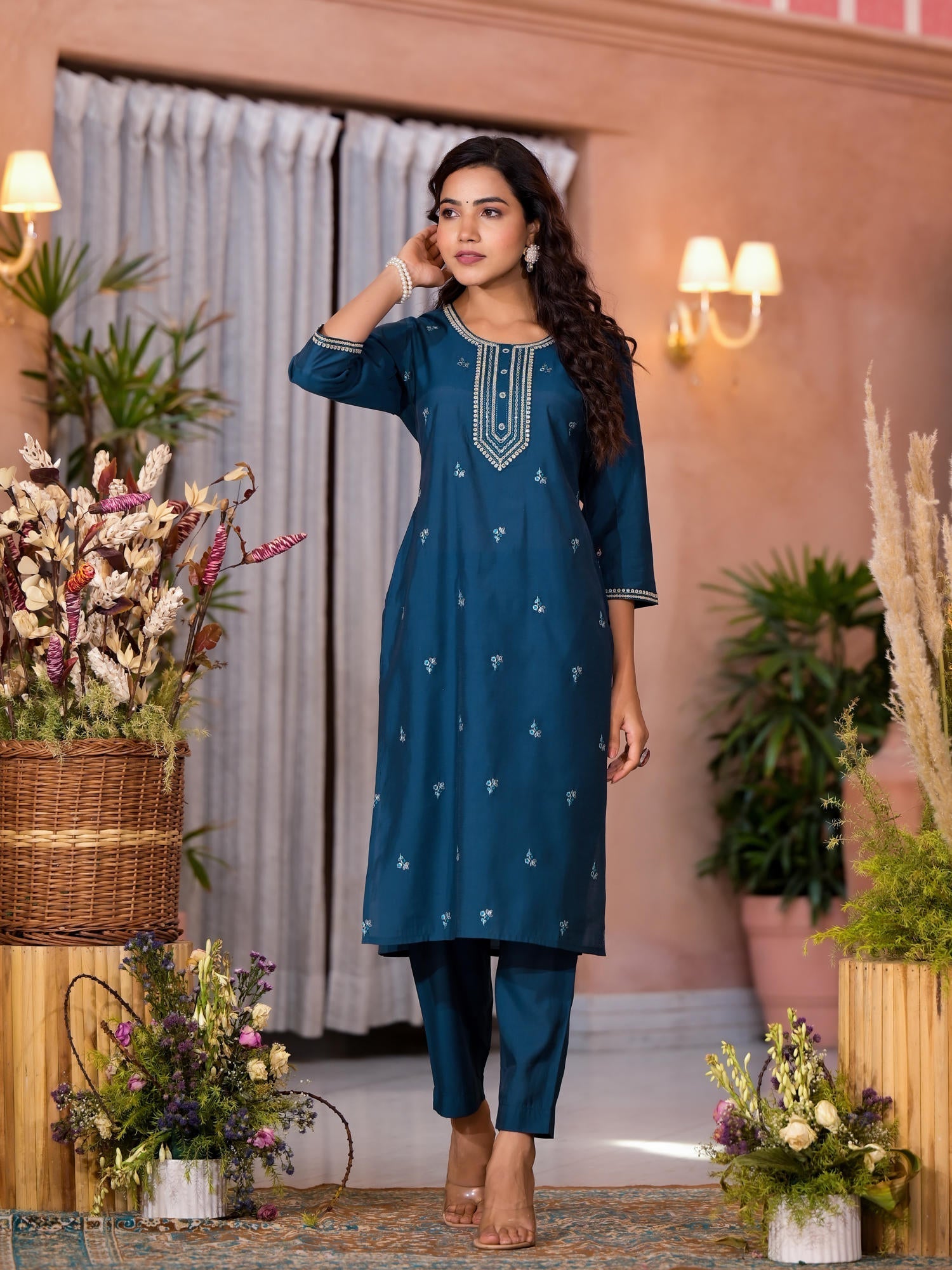 Teal Thread Work Embroidered Viscose Kurta Pant And Dupatta Set With B