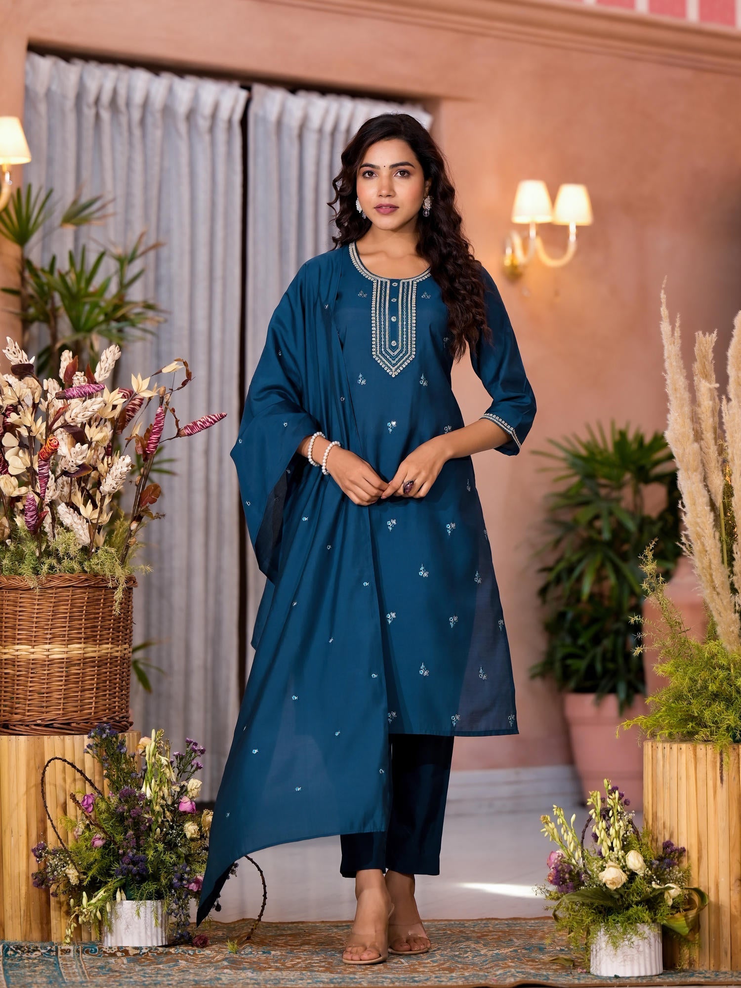 Teal Thread Work Embroidered Viscose Kurta Pant And Dupatta Set With B