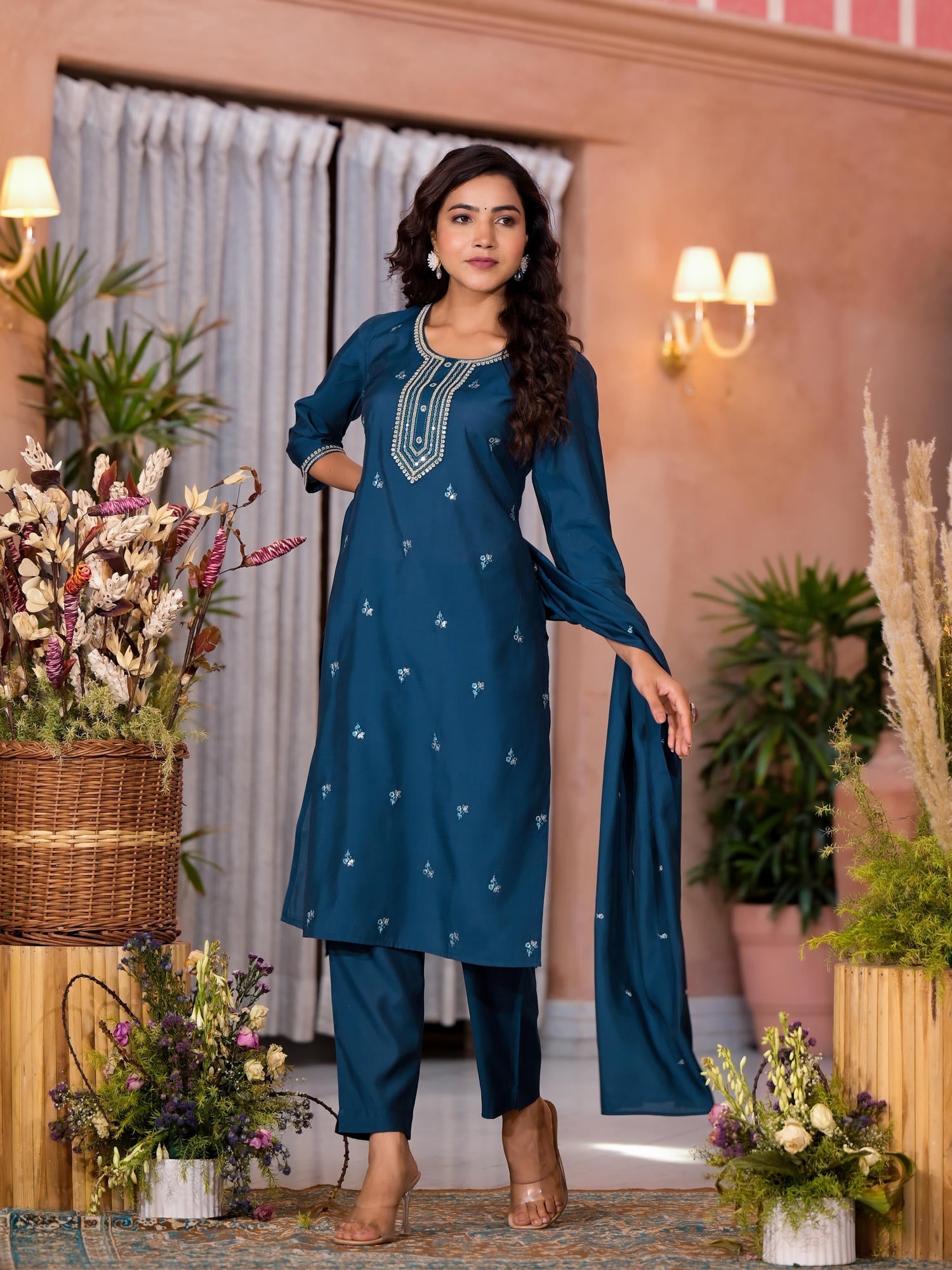 Teal Thread Work Embroidered Viscose Kurta Pant And Dupatta Set With B