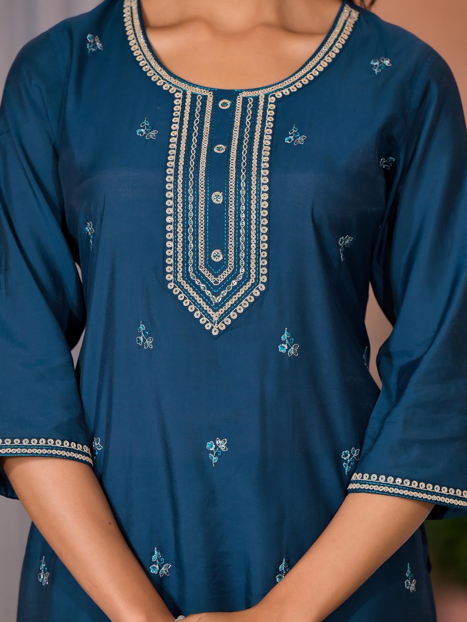 Teal Thread Work Embroidered Viscose Kurta Pant And Dupatta Set With B