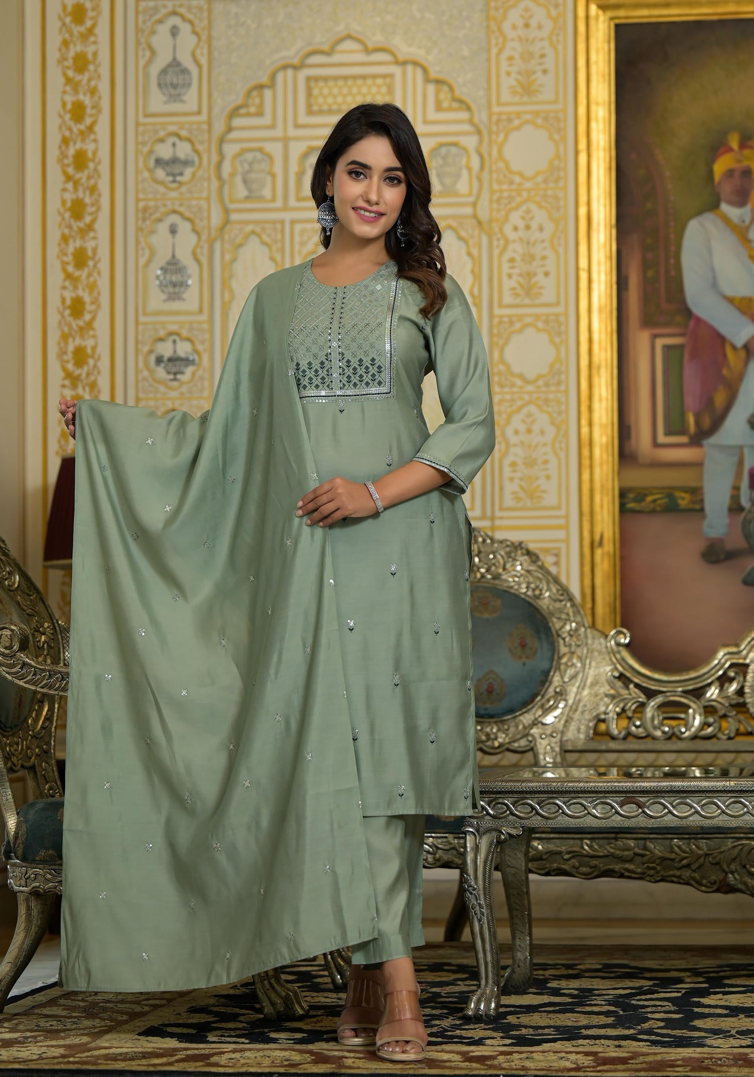 Mint Viscose Zari & Thread Embroidered Kurta Pant And Dupatta Set With