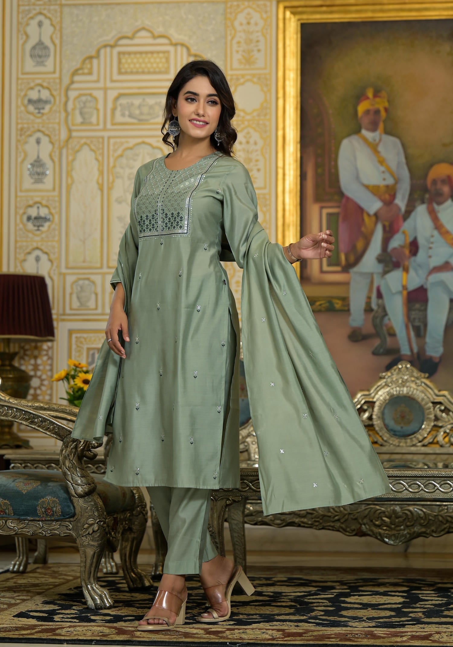 Mint Viscose Zari & Thread Embroidered Kurta Pant And Dupatta Set With