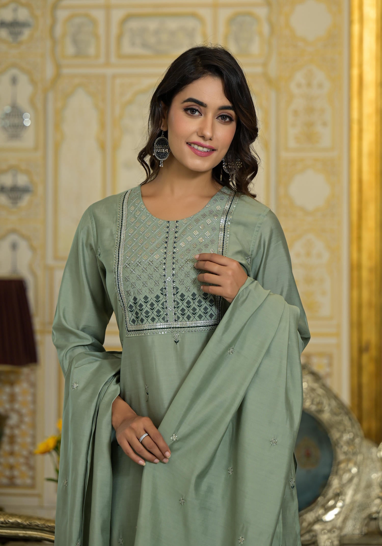 Mint Viscose Zari & Thread Embroidered Kurta Pant And Dupatta Set With