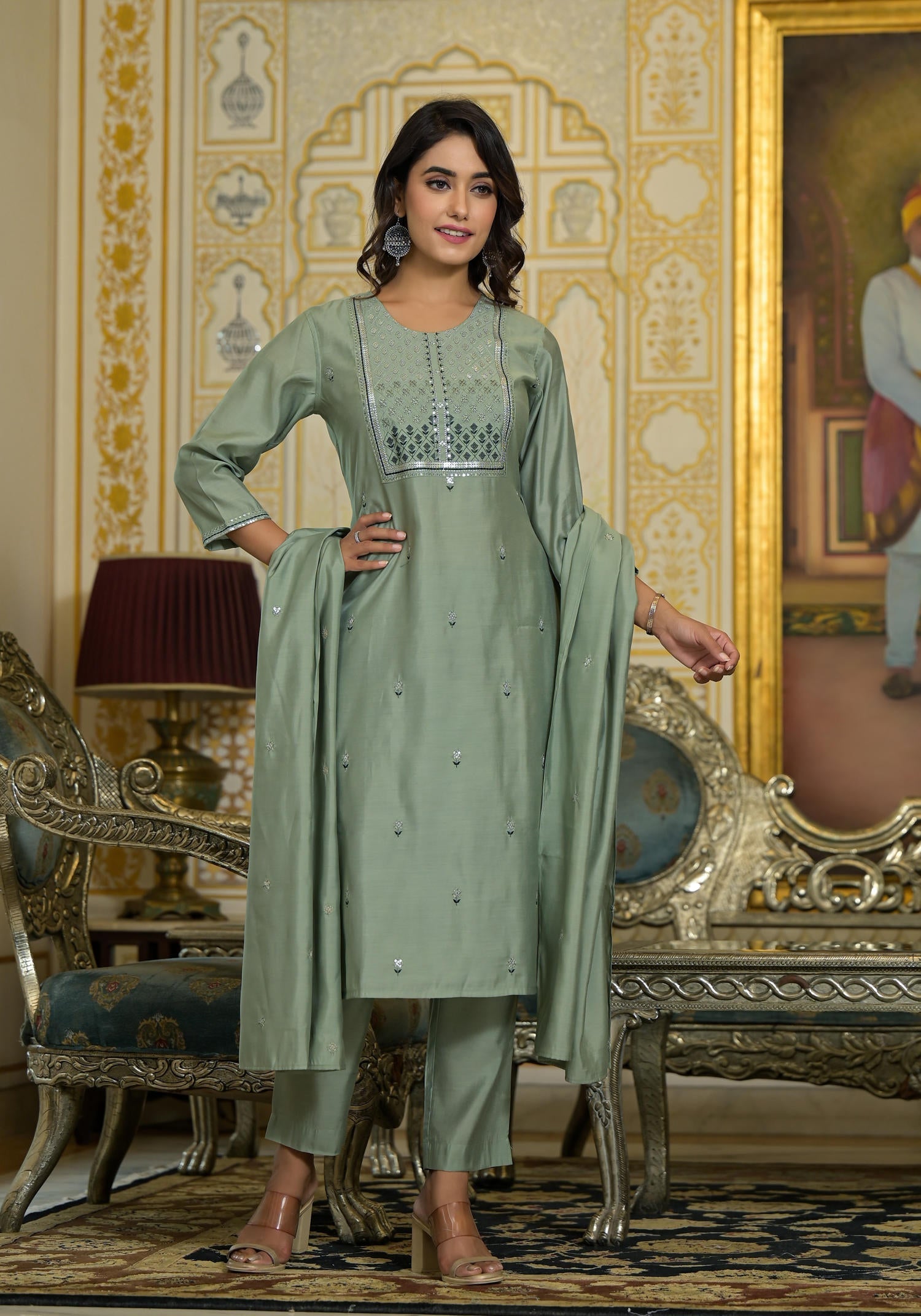 Mint Viscose Zari & Thread Embroidered Kurta Pant And Dupatta Set With