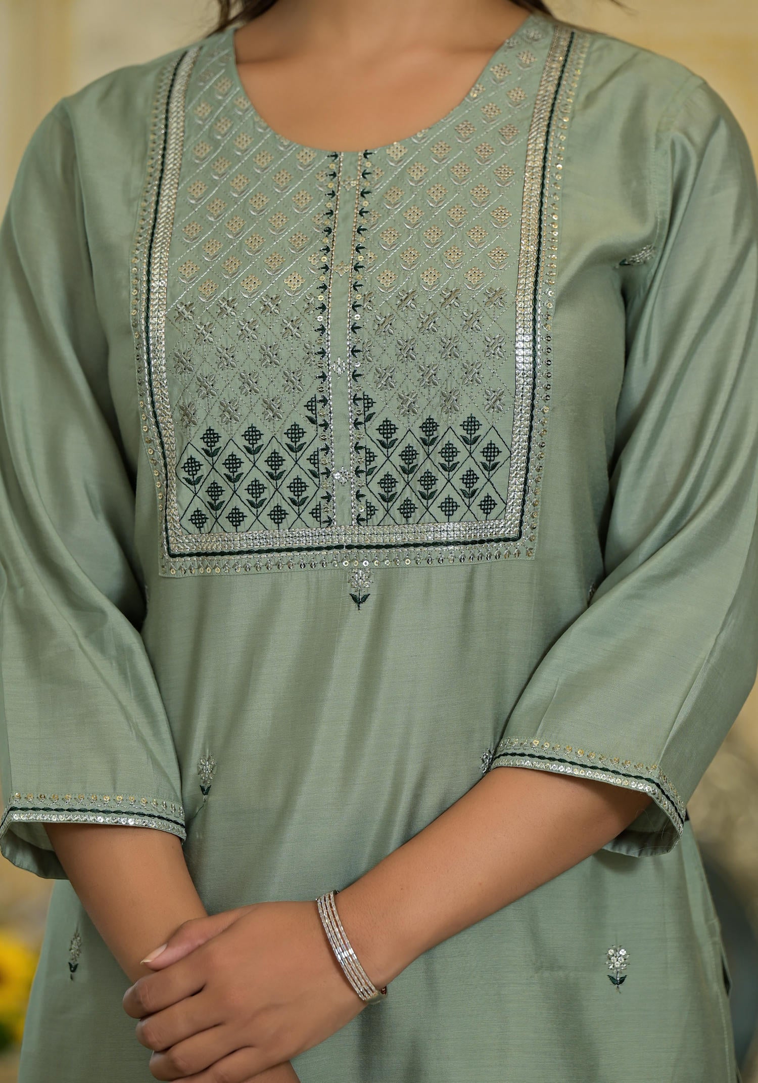Mint Viscose Zari & Thread Embroidered Kurta Pant And Dupatta Set With