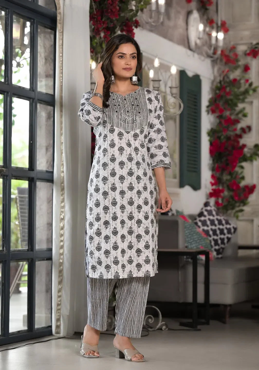 Black Printed Cotton Kurta Set with Mirror Work | Women's Kurta