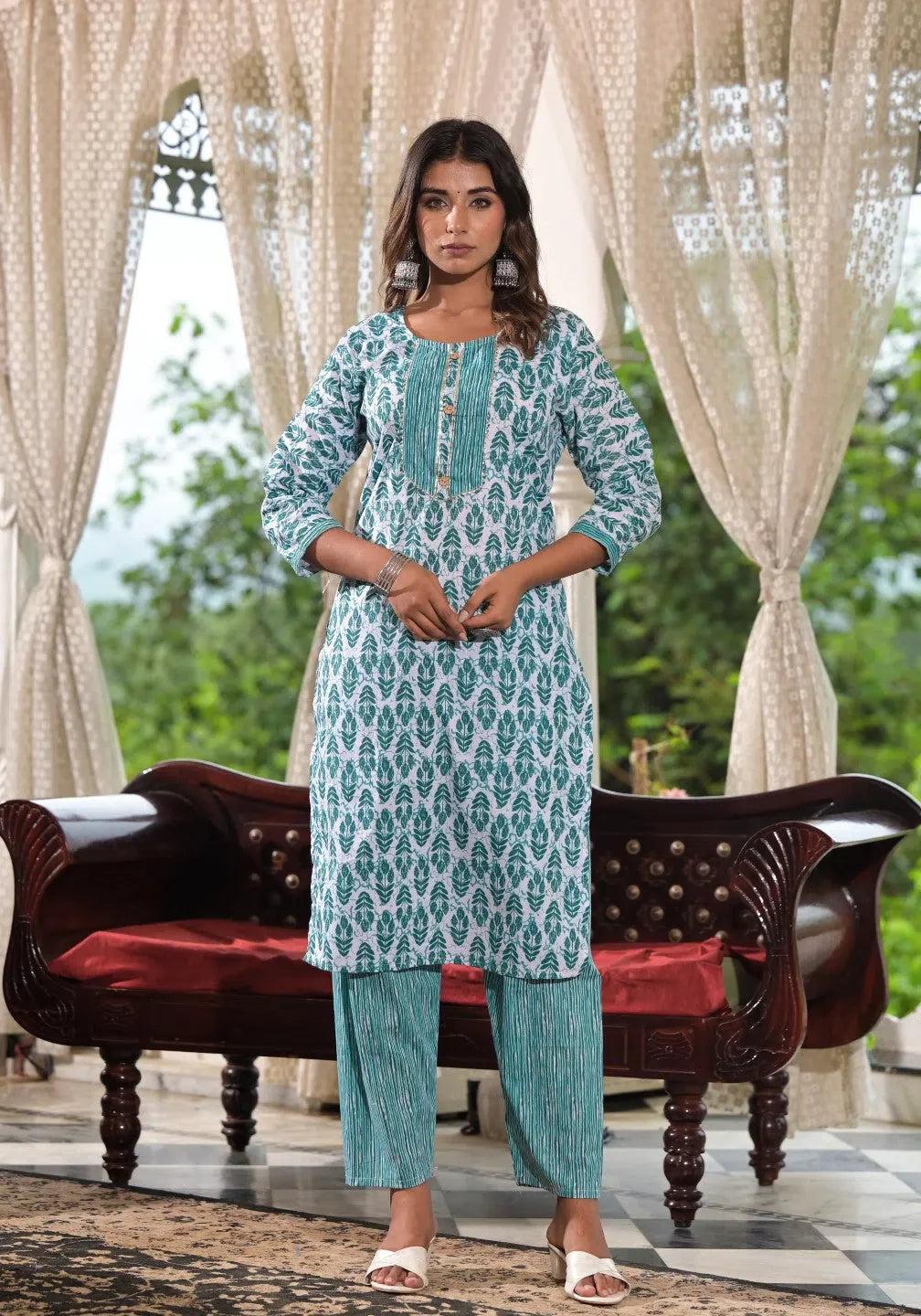 Sea Green Cotton Kurta Set with Dupatta: Women's Kurta Sets