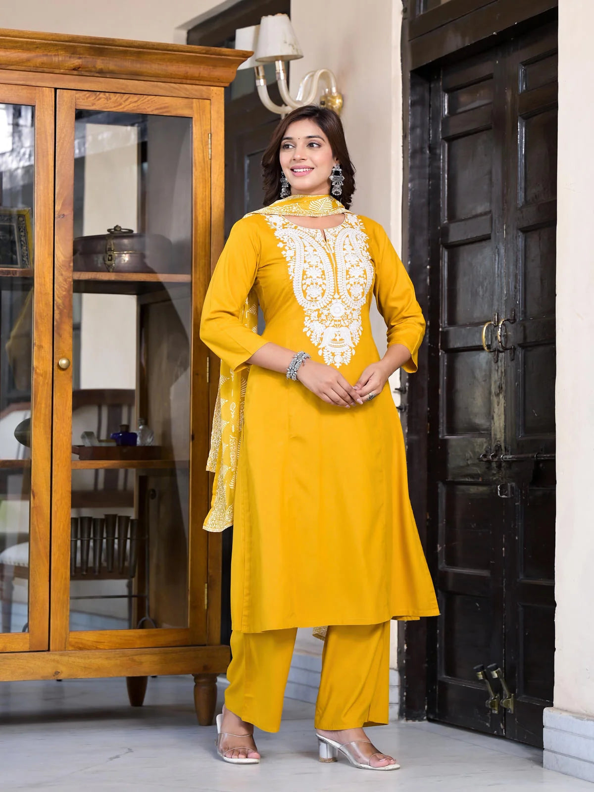 Mustard Embroidered Kurta Palazzo Set | Kurta Palazzo Set