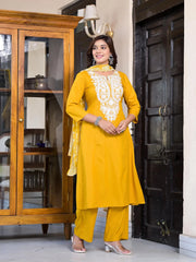 Mustard Thread Embroidered Liva Rayon Kurta Palazzo And Dupatta Set-J4920MUSTARD