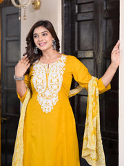 Mustard Thread Embroidered Liva Rayon Kurta Palazzo And Dupatta Set-J4920MUSTARD