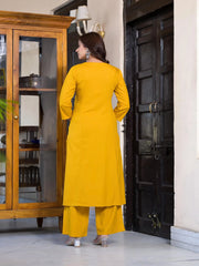 Mustard Thread Embroidered Liva Rayon Kurta Palazzo And Dupatta Set-J4920MUSTARD