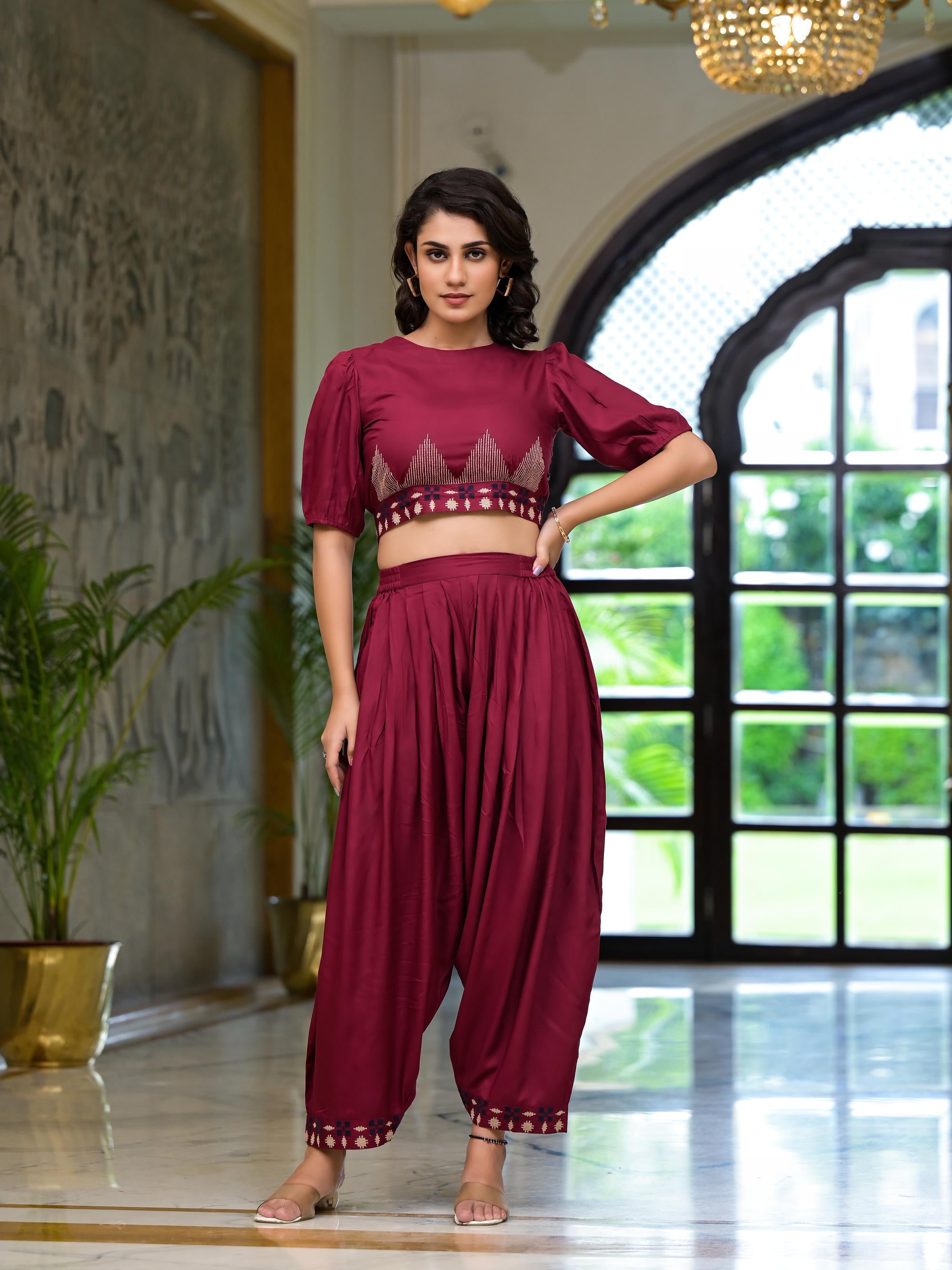 Rust Thread Embroidered Rayon Top & Dhoti Pant Set | DesiQlo