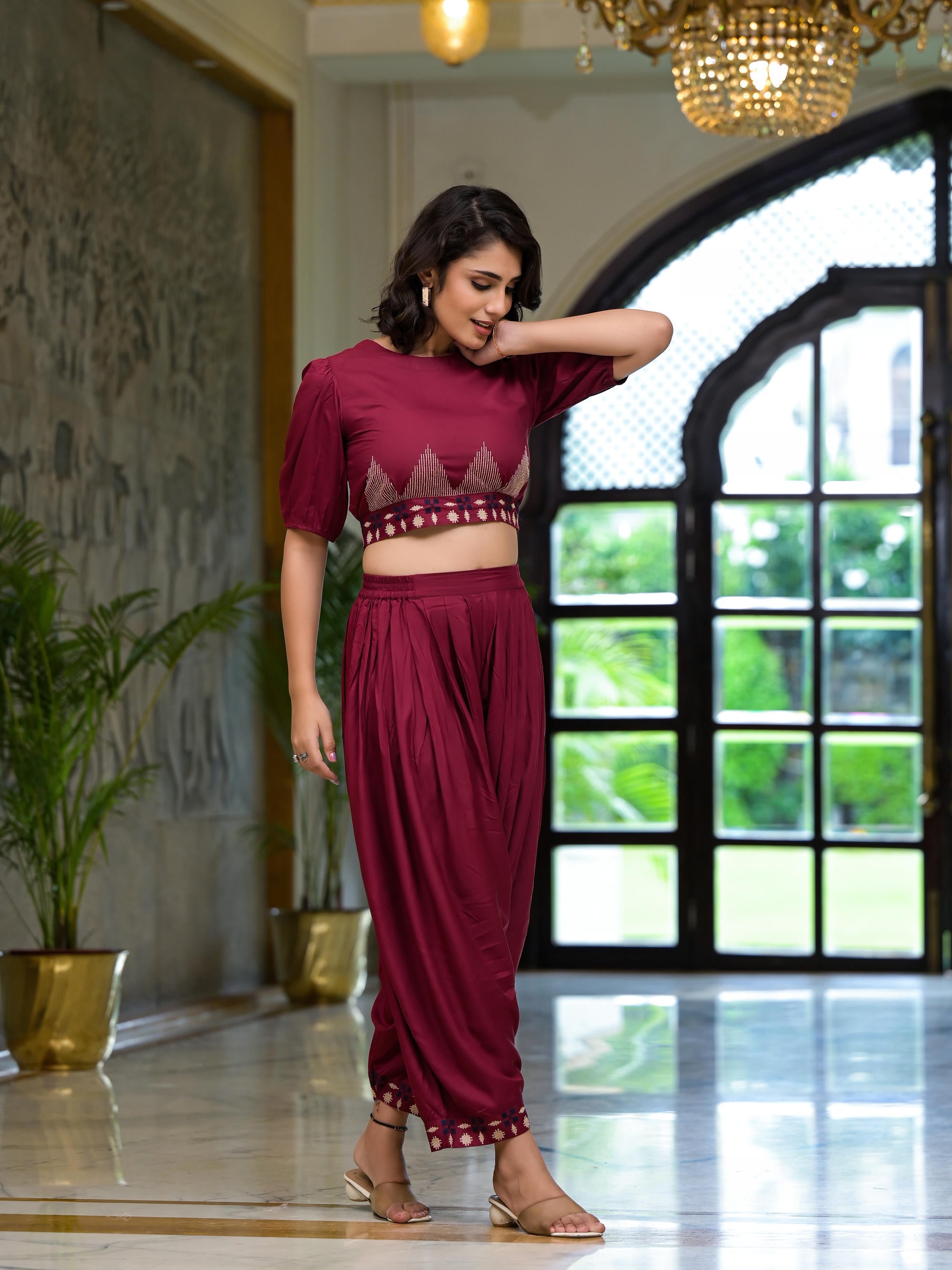 Rust Thread Embroidered Rayon Top & Dhoti Pant Set | DesiQlo