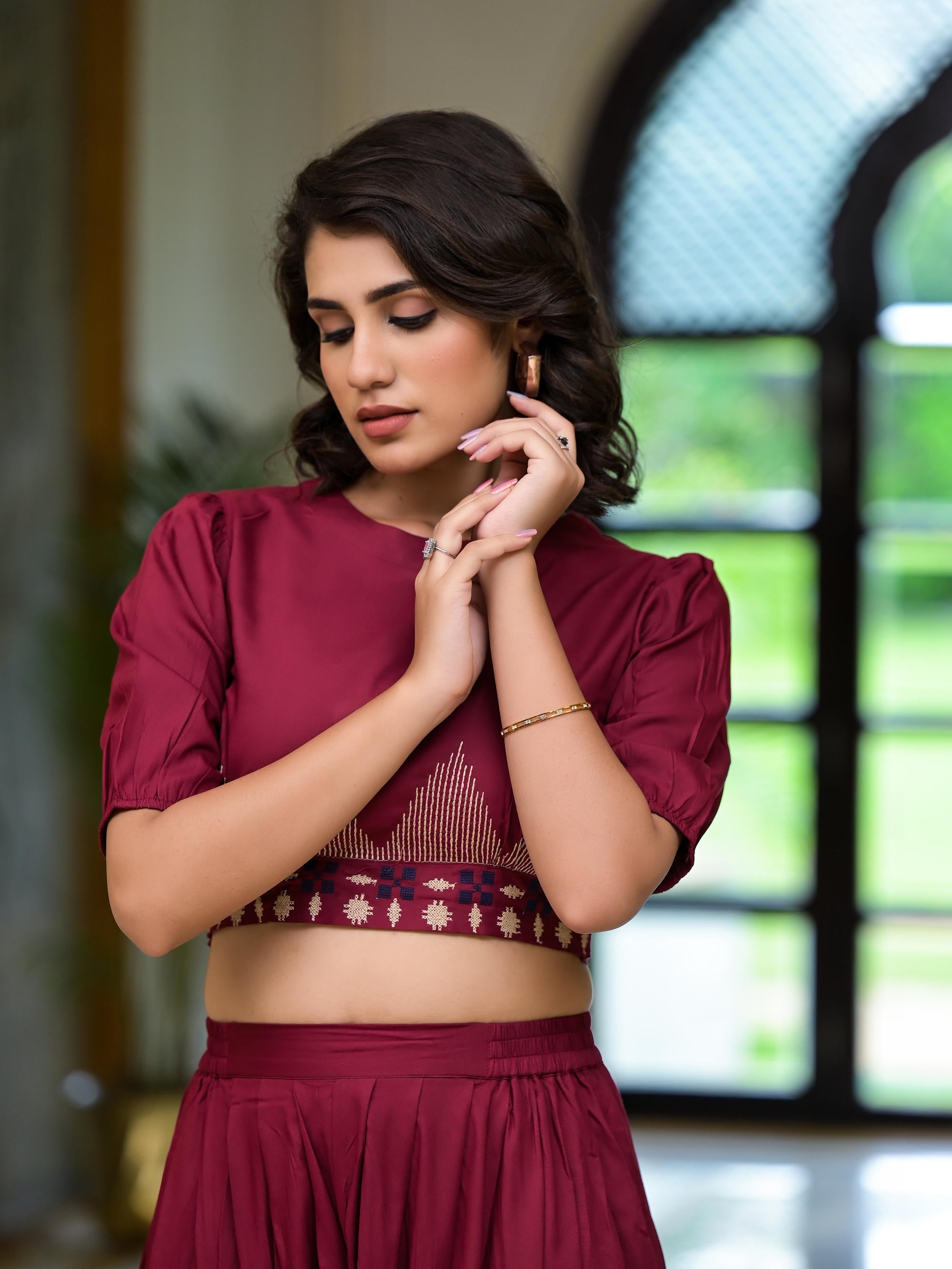 Rust Thread Embroidered Rayon Top & Dhoti Pant Set | DesiQlo