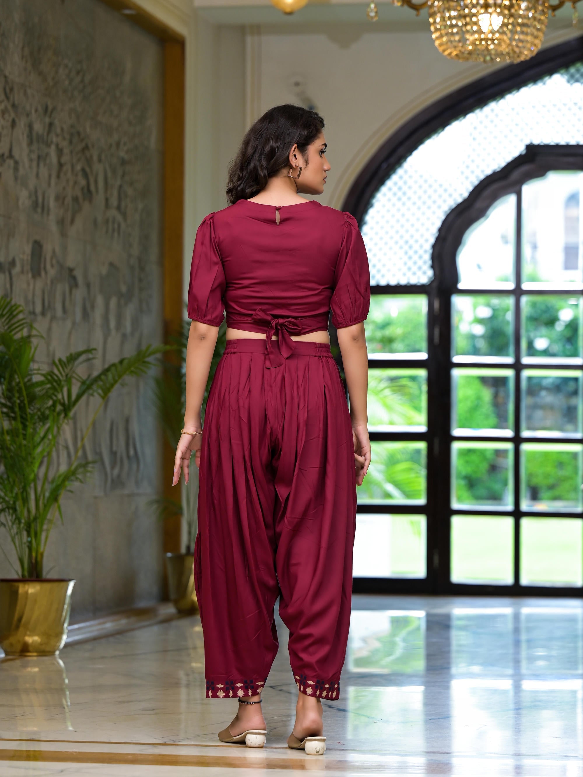 Rust Thread Embroidered Rayon Top & Dhoti Pant Set | DesiQlo