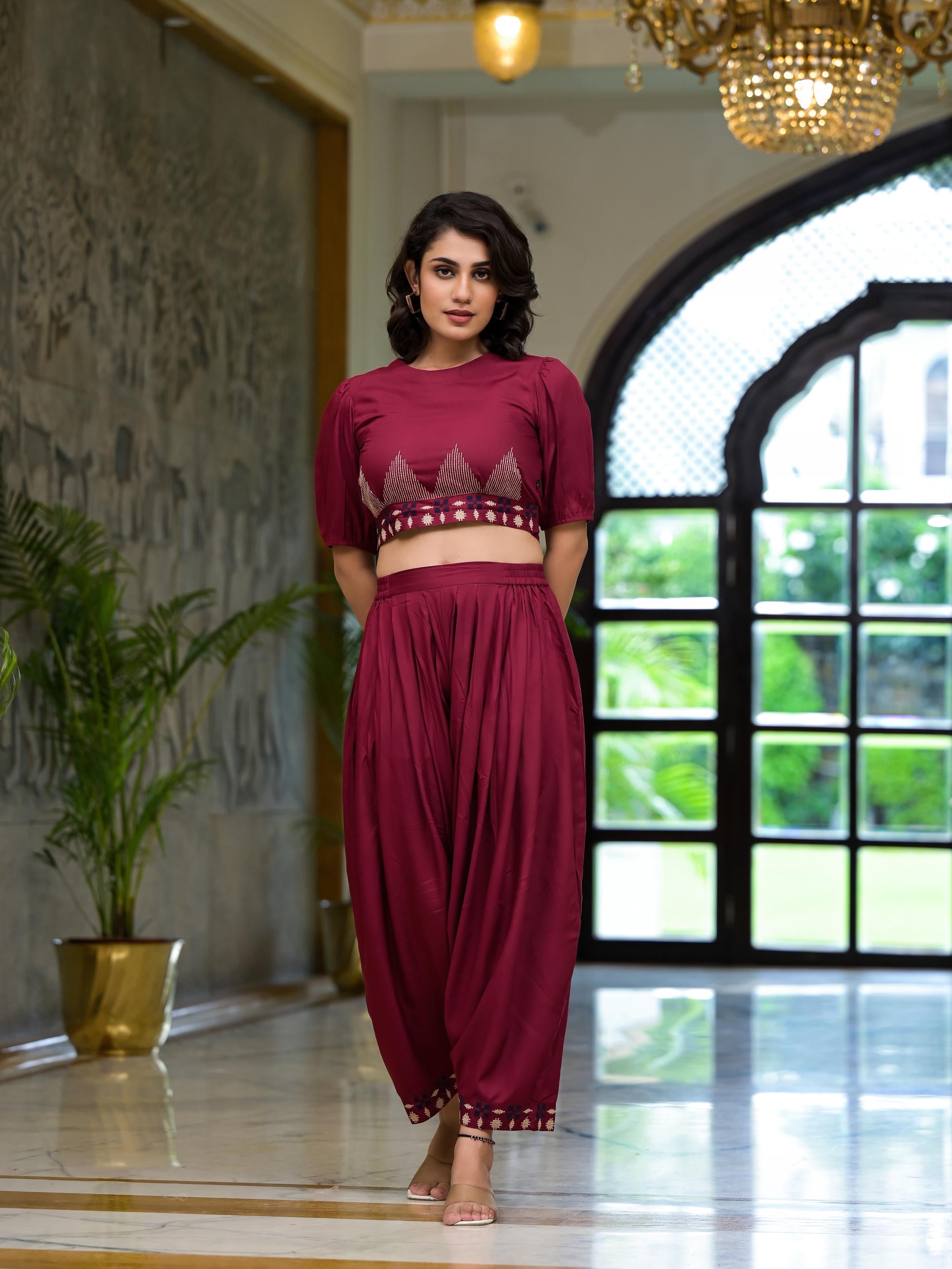Rust Thread Embroidered Rayon Top & Dhoti Pant Set | DesiQlo