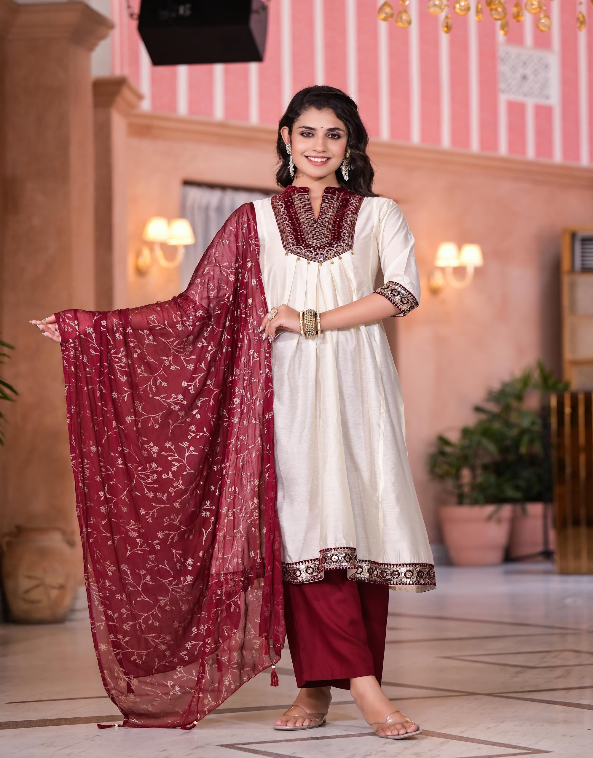 Ivory Zari Embroidered Chanderi Kurta Set With Sequins & Beads | DesiQ