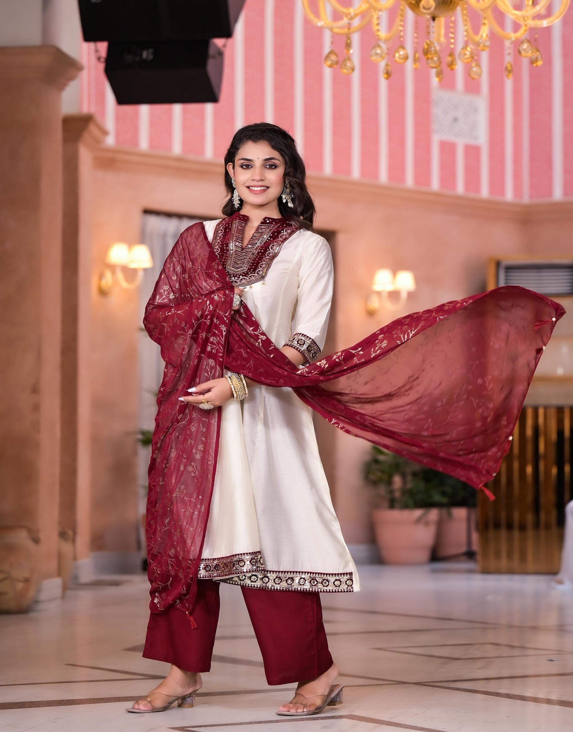 Ivory Zari Embroidered Chanderi Kurta Set With Sequins & Beads | DesiQ