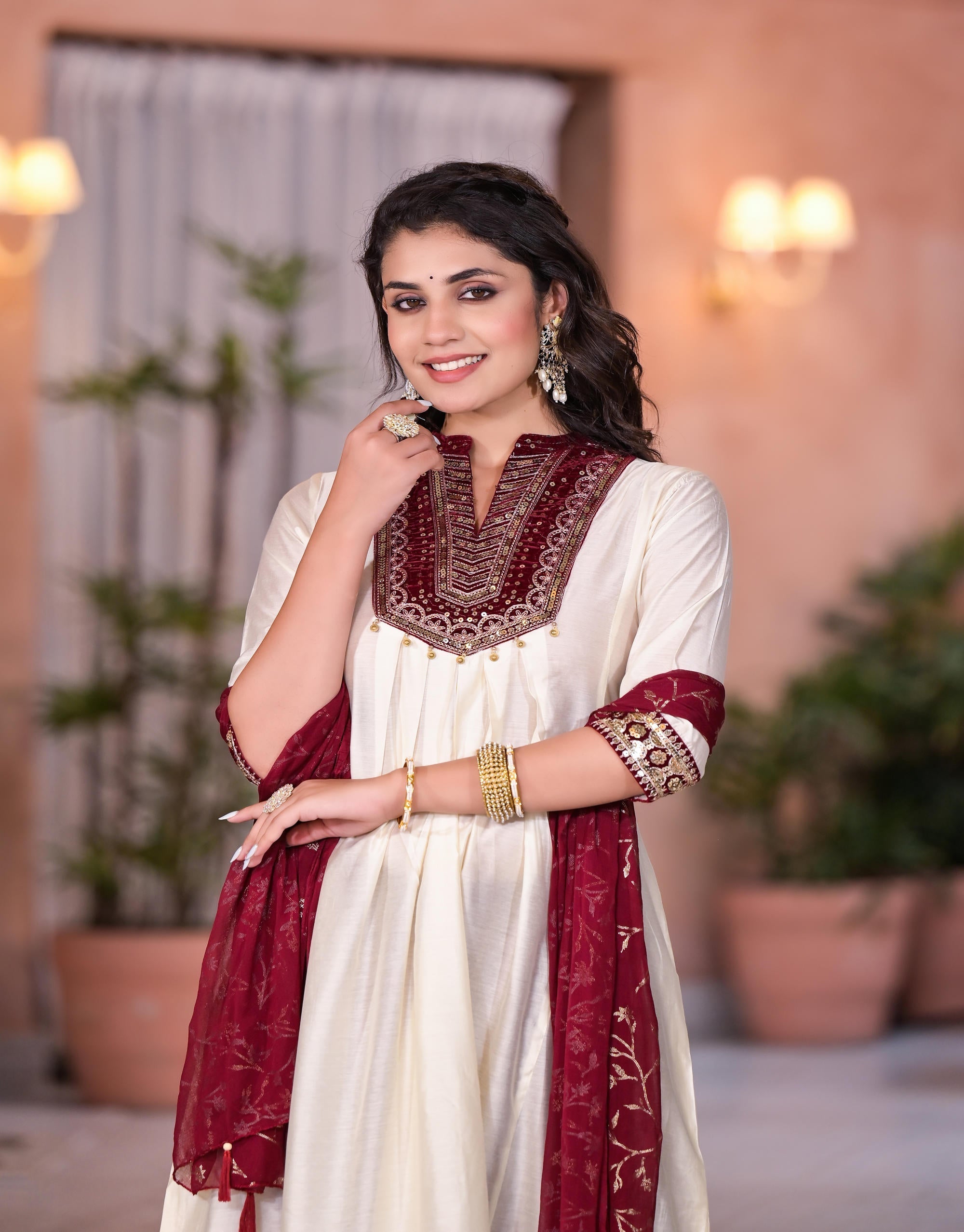 Ivory Zari Embroidered Chanderi Kurta Set With Sequins & Beads | DesiQ