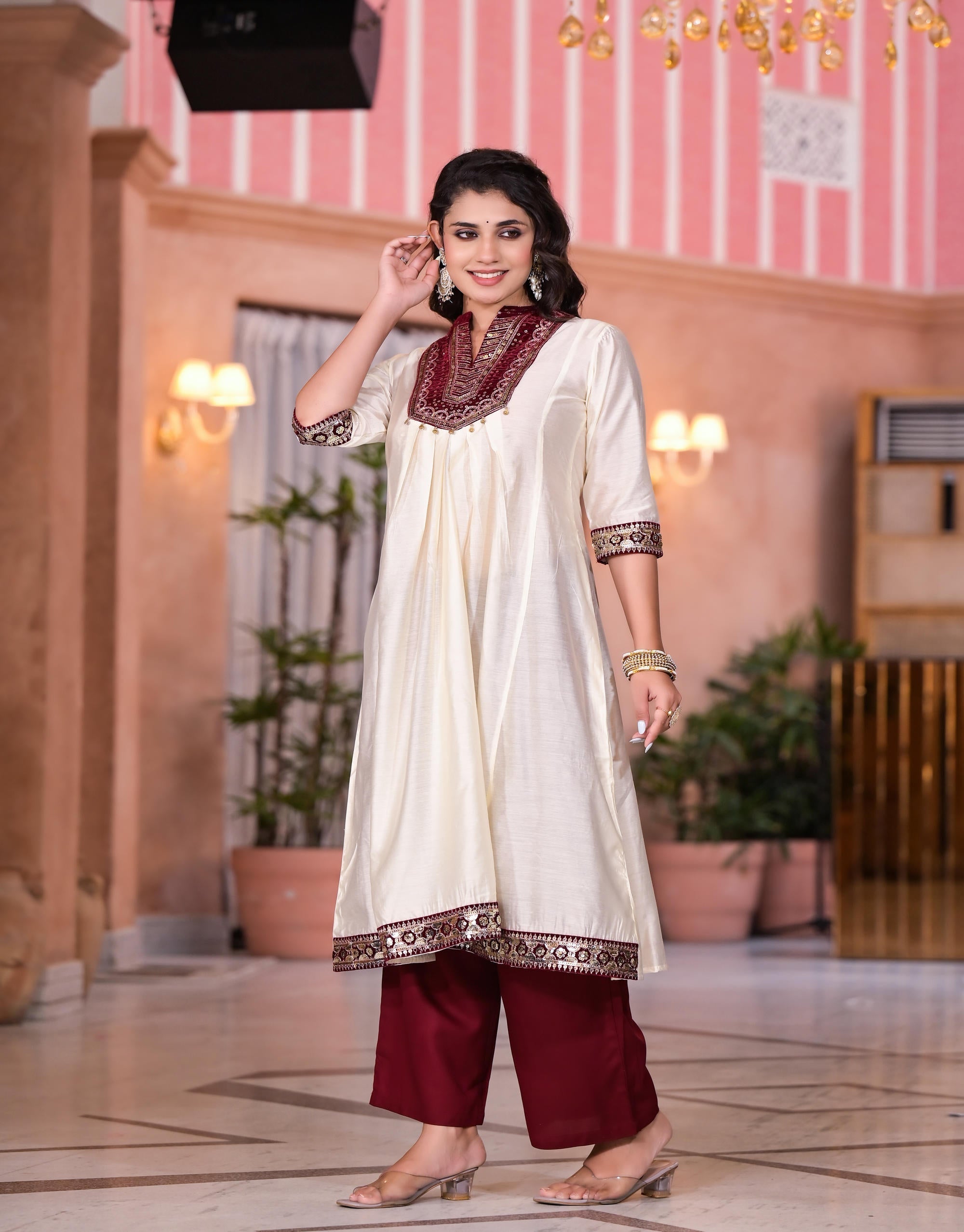 Ivory Zari Embroidered Chanderi Kurta Set With Sequins & Beads | DesiQ