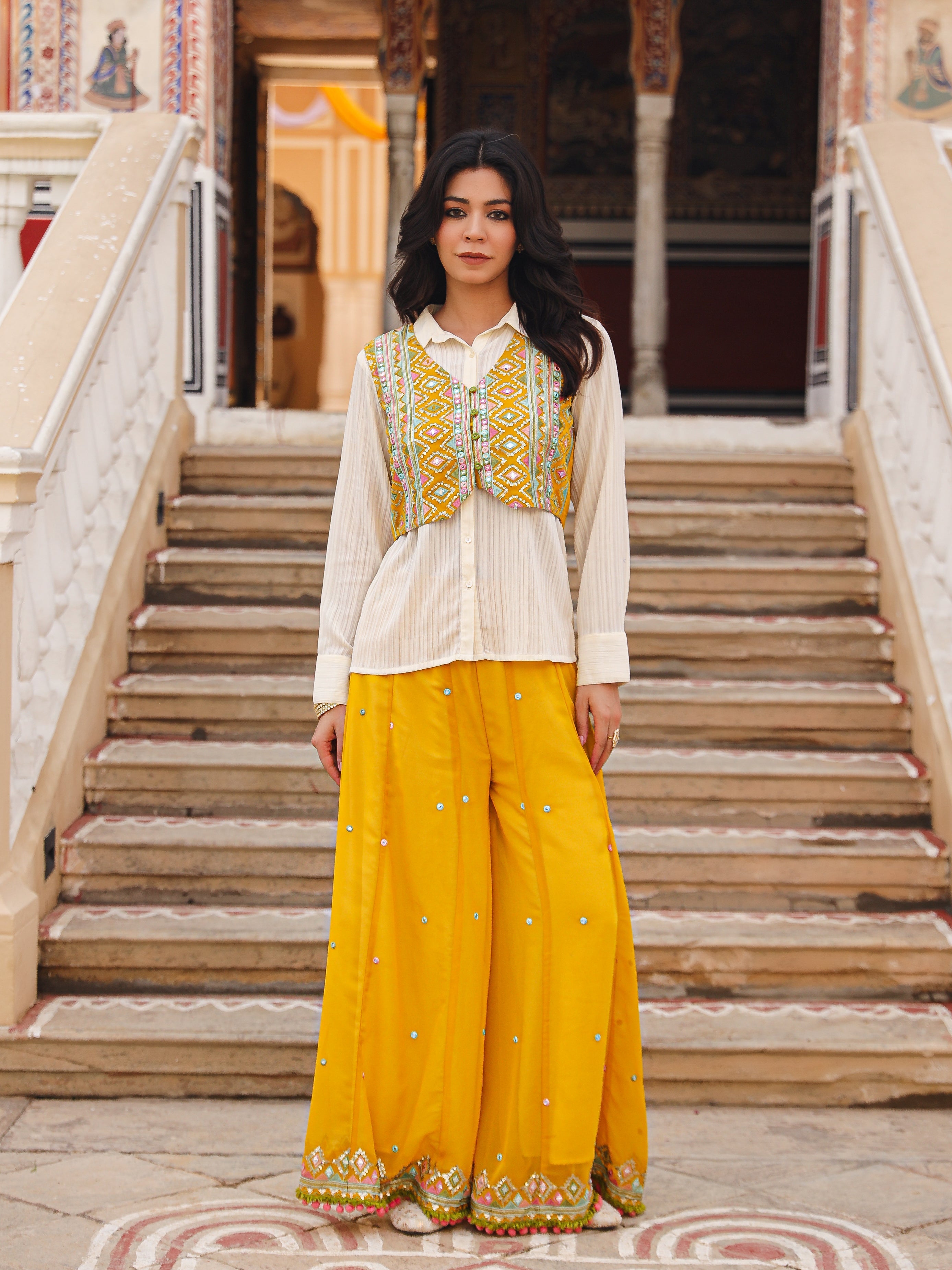 Mustard Thread Embroidered Georgette Shirt Jacket & Palazzo Set With M