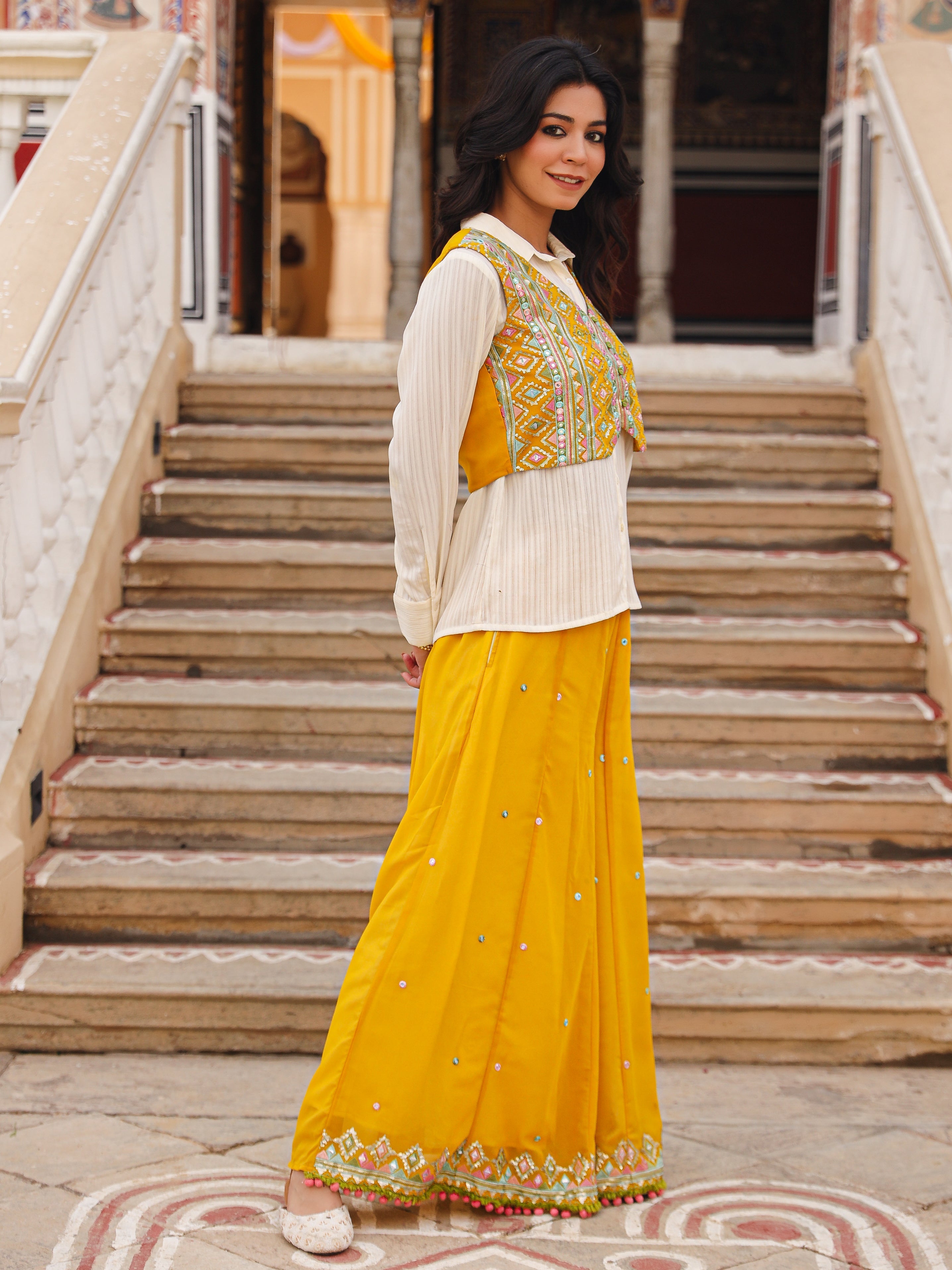 Mustard Thread Embroidered Georgette Shirt Jacket & Palazzo Set With M