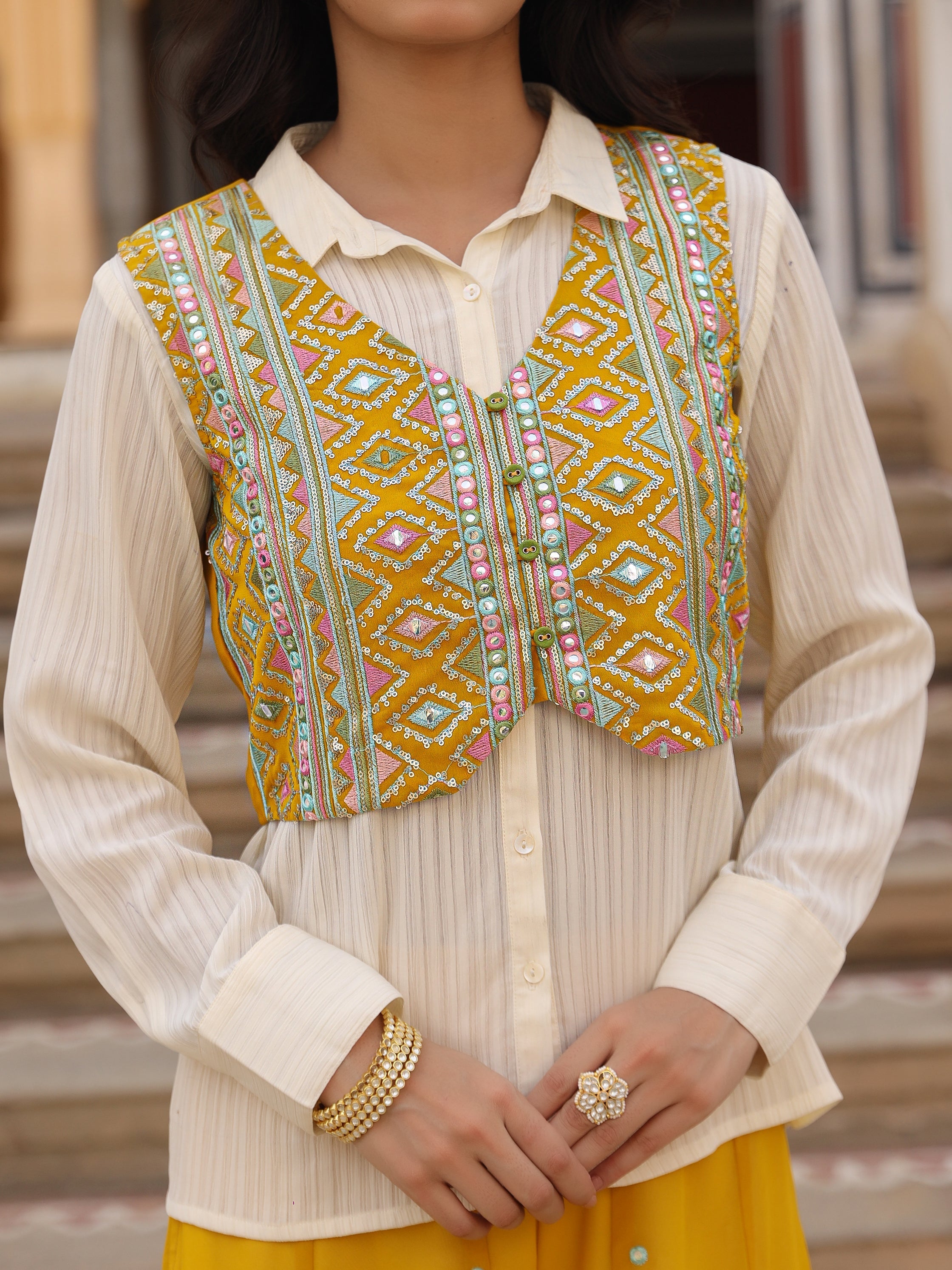 Mustard Thread Embroidered Georgette Shirt Jacket & Palazzo Set With M