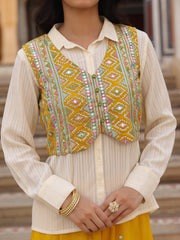 Mustard Thread Embroidered Georgette Shirt Jacket & Palazzo Set With Mirror Work & Sequins