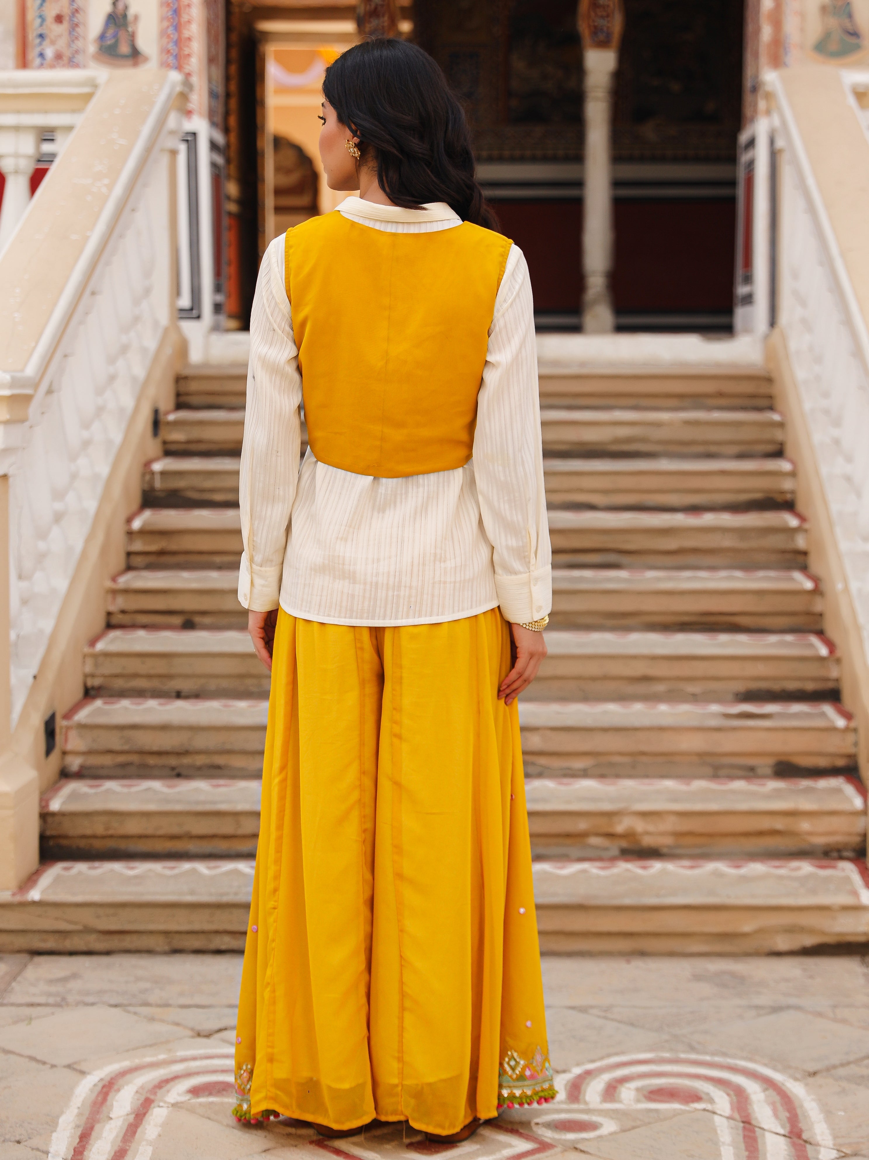 Mustard Thread Embroidered Georgette Shirt Jacket & Palazzo Set With M