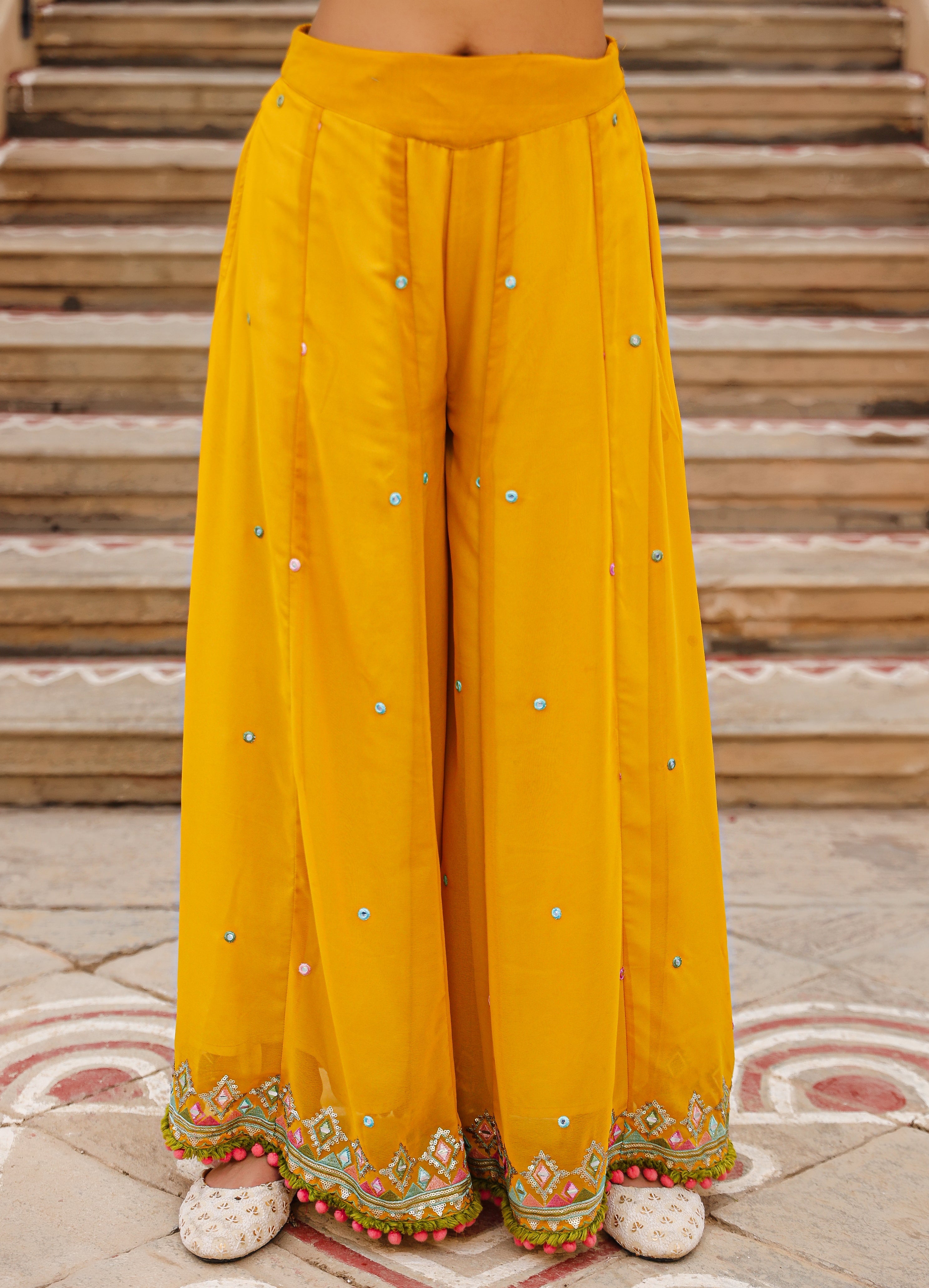 Mustard Thread Embroidered Georgette Shirt Jacket & Palazzo Set With M