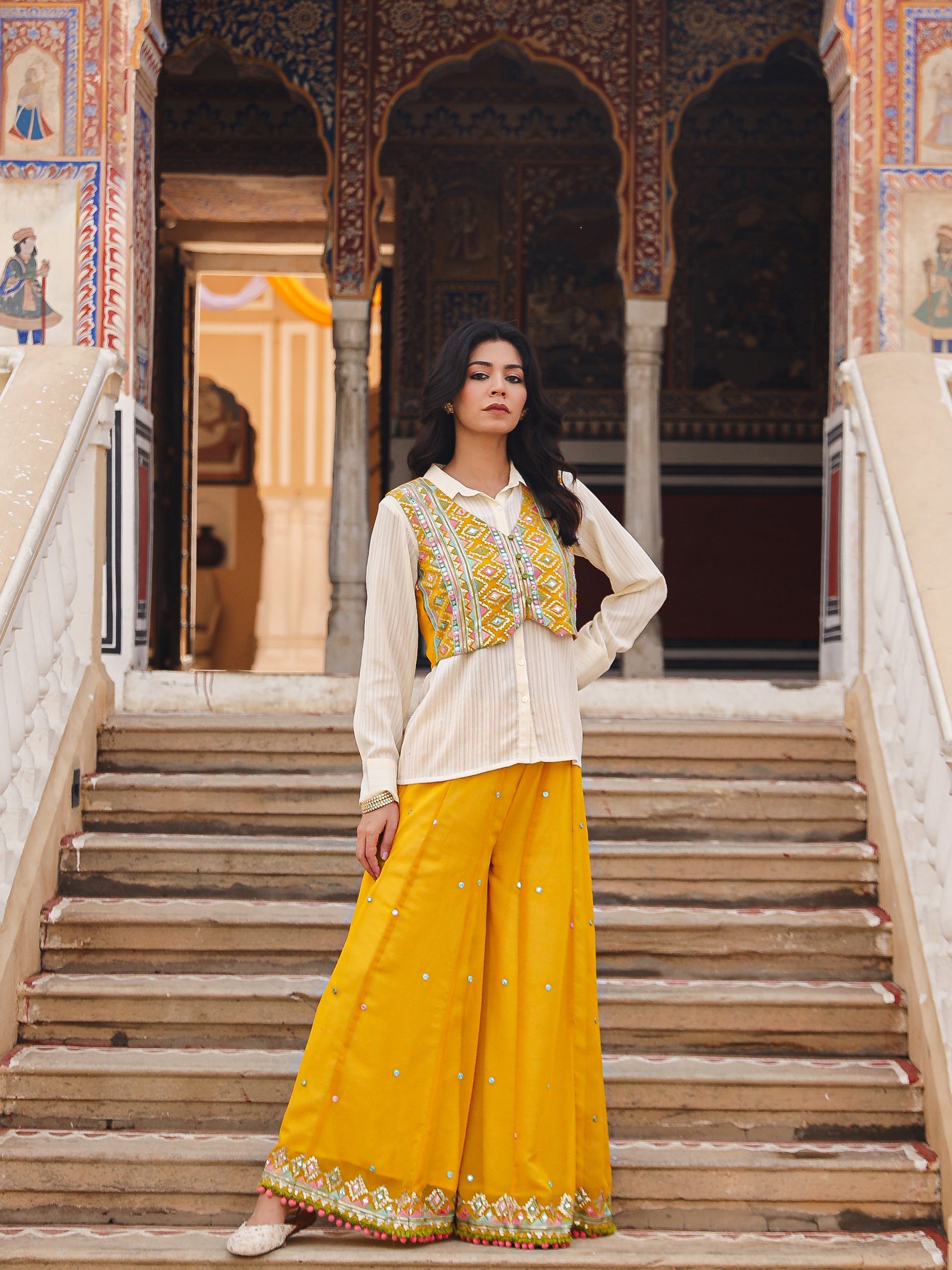 Mustard Thread Embroidered Georgette Shirt Jacket & Palazzo Set With M