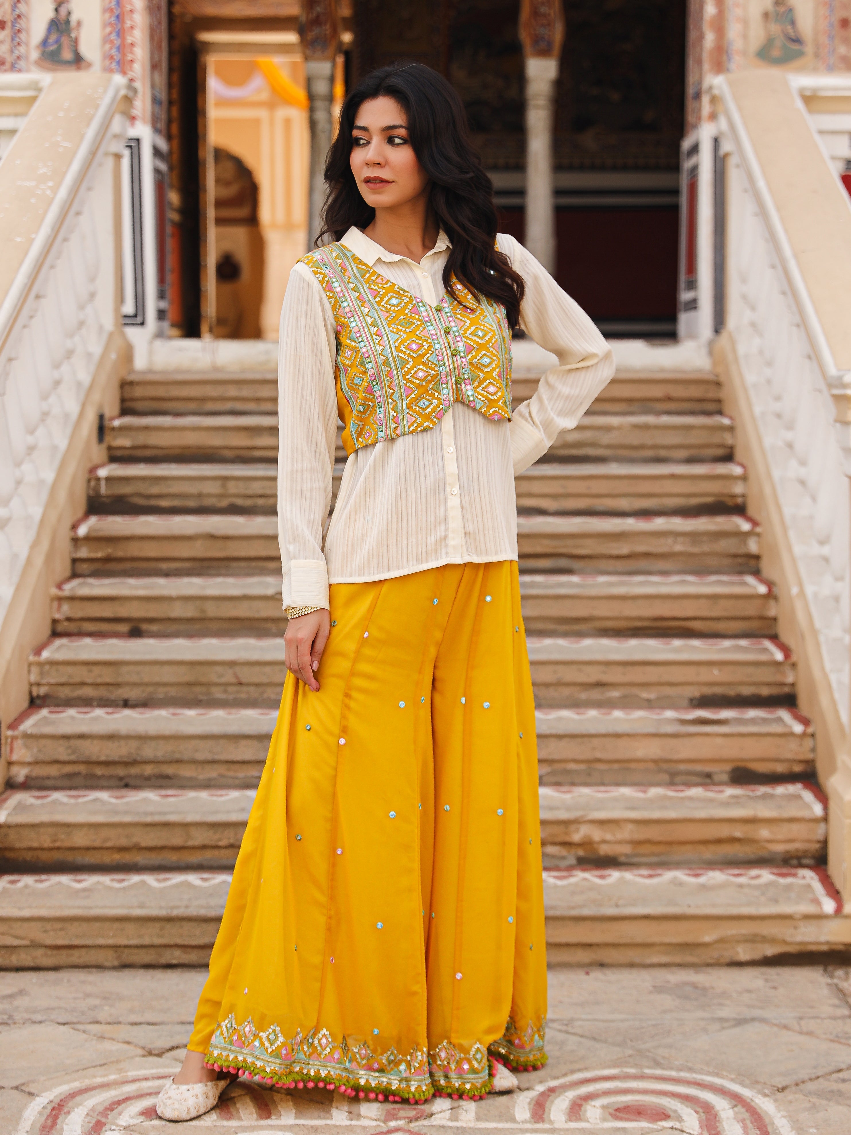 Mustard Thread Embroidered Georgette Shirt Jacket & Palazzo Set With M