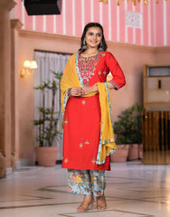 Multi Color Floral Printed Viscose Kurta Set With Mirror & Thread Work