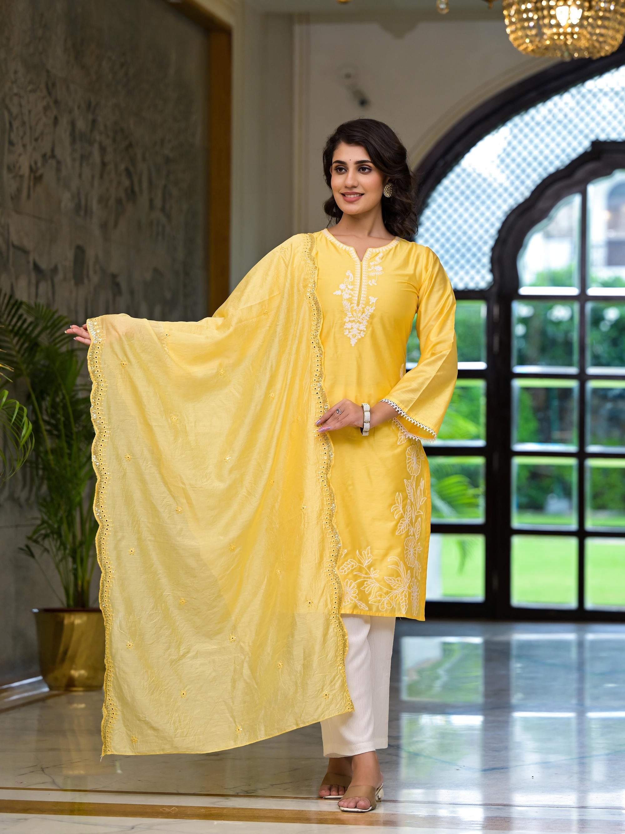 Yellow Thread Embroidered Viscose Kurta Pant And Dupatta Set With Thre