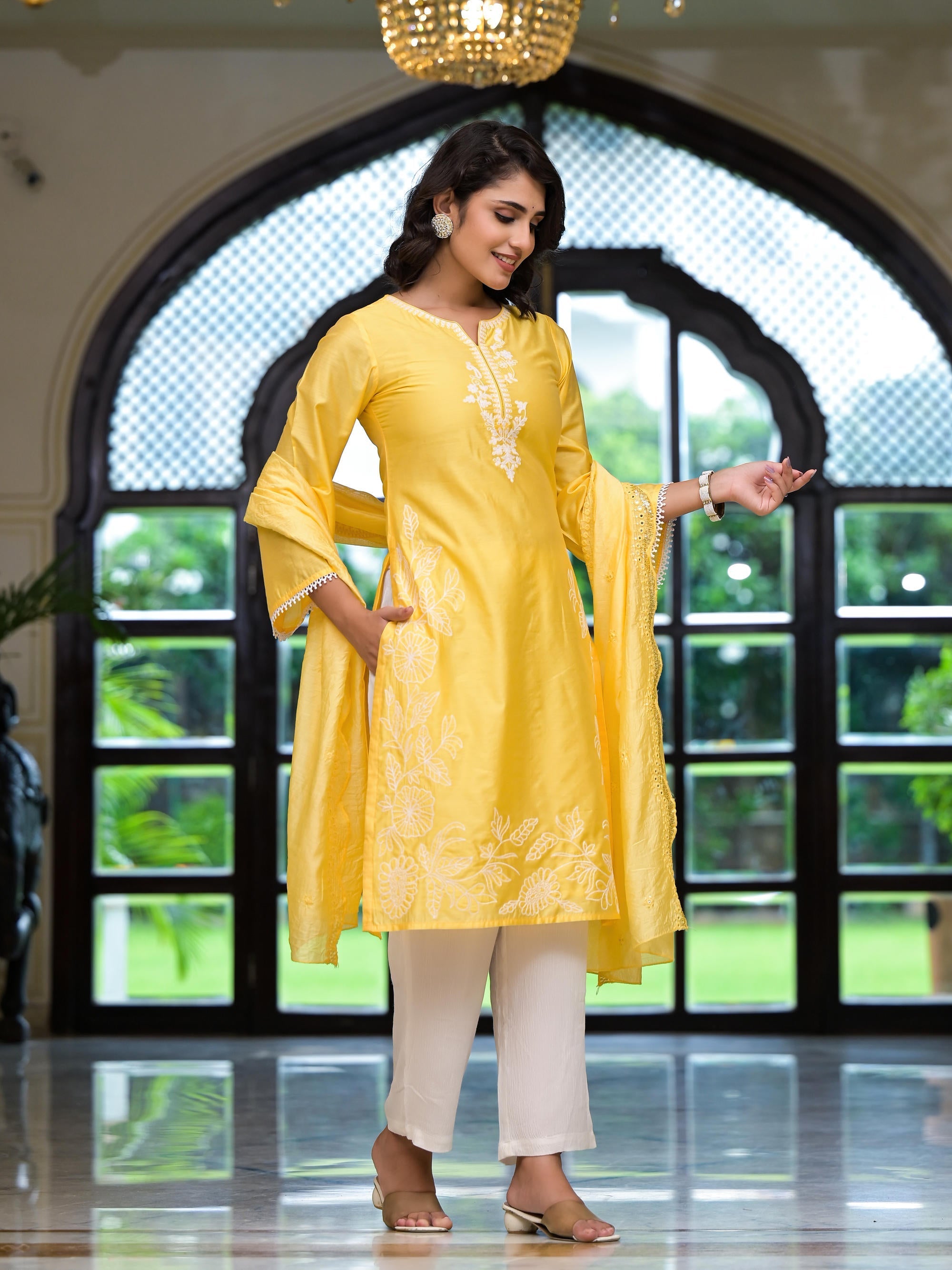 Yellow Thread Embroidered Viscose Kurta Pant And Dupatta Set With Thre