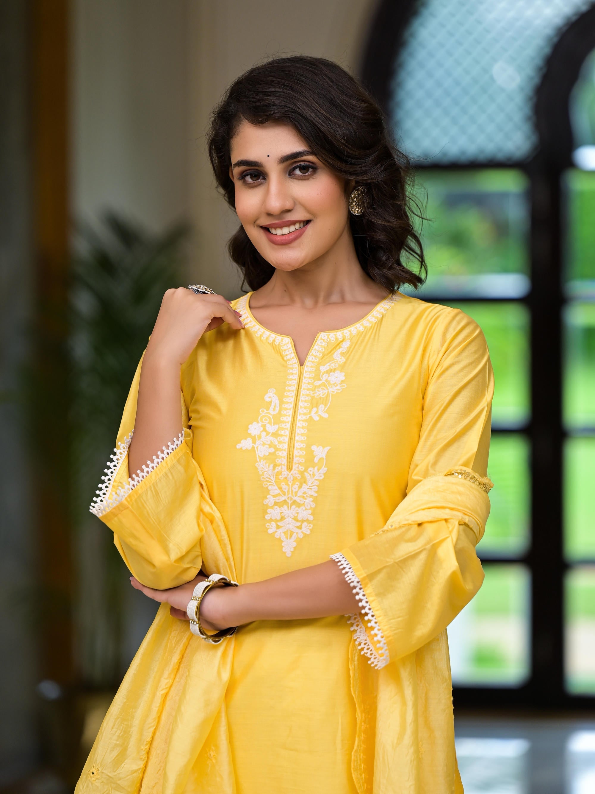 Yellow Thread Embroidered Viscose Kurta Pant And Dupatta Set With Thre