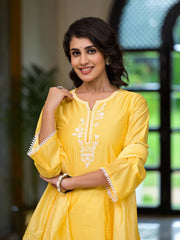 Yellow Thread Embroidered Viscose Kurta Pant And Dupatta Set With Thread & Mirror Work