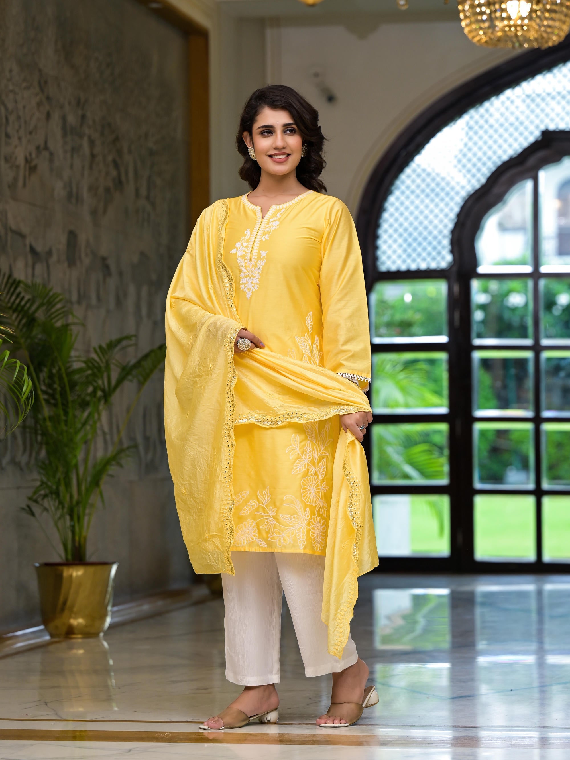 Yellow Thread Embroidered Viscose Kurta Pant And Dupatta Set With Thre