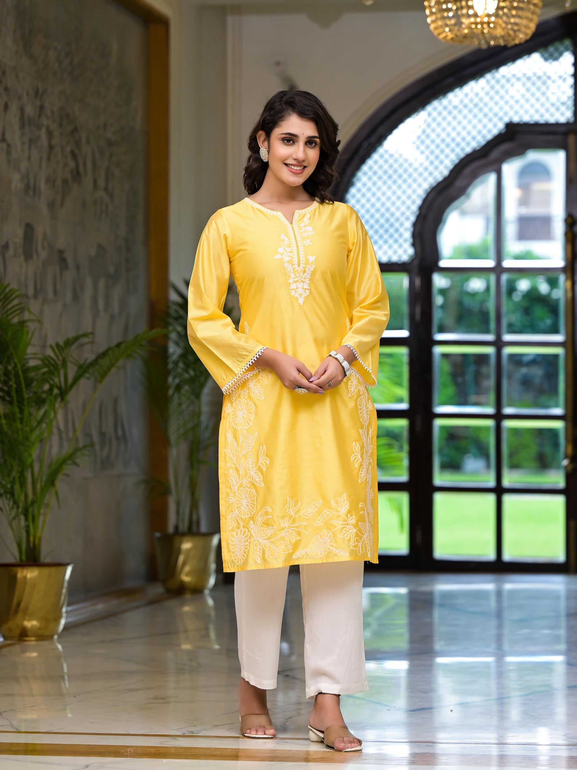 Yellow Thread Embroidered Viscose Kurta Pant And Dupatta Set With Thre