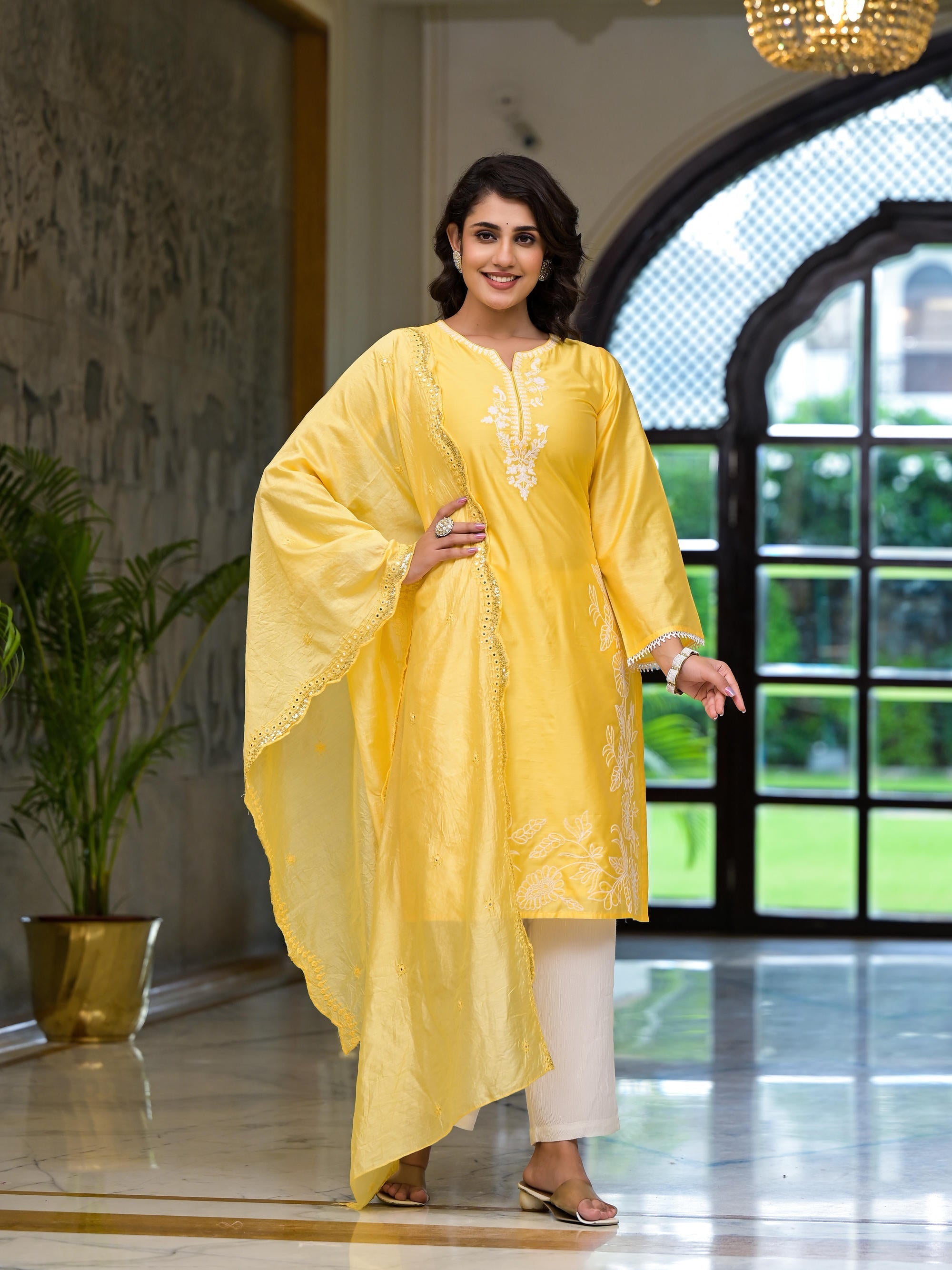 Yellow Thread Embroidered Viscose Kurta Pant And Dupatta Set With Thre