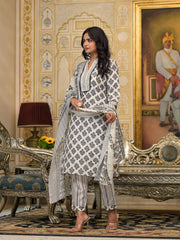 White Floral Printed Cotton Kurta Pant With Dupatta Set With Lace-J4941WHITE