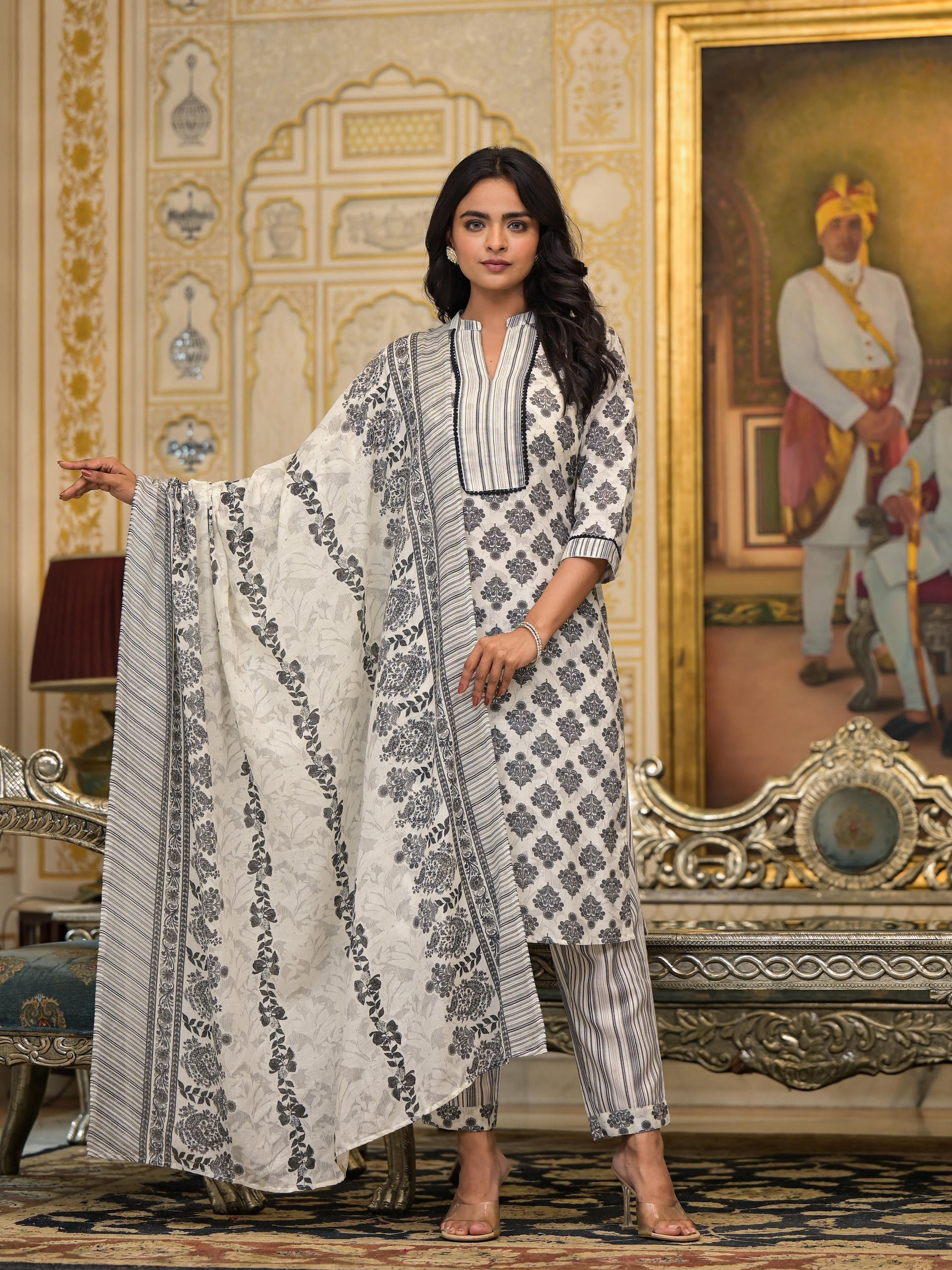 White Floral Printed Cotton Kurta Pant With Dupatta Set With Lace | De