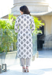 Grey Floral Printed Cotton Kurta Pant & Dupatta Set