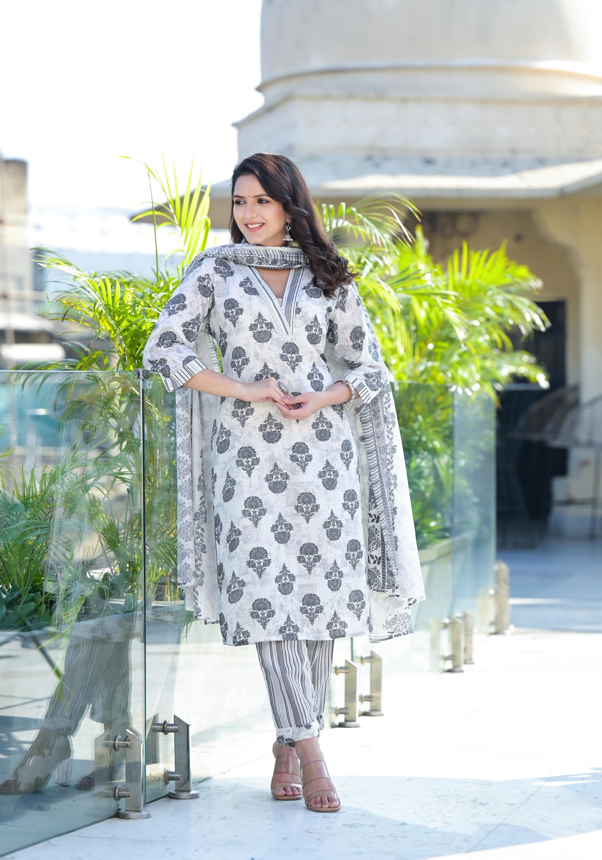 Grey Floral Printed Cotton Kurta Pant & Dupatta Set | DesiQlo