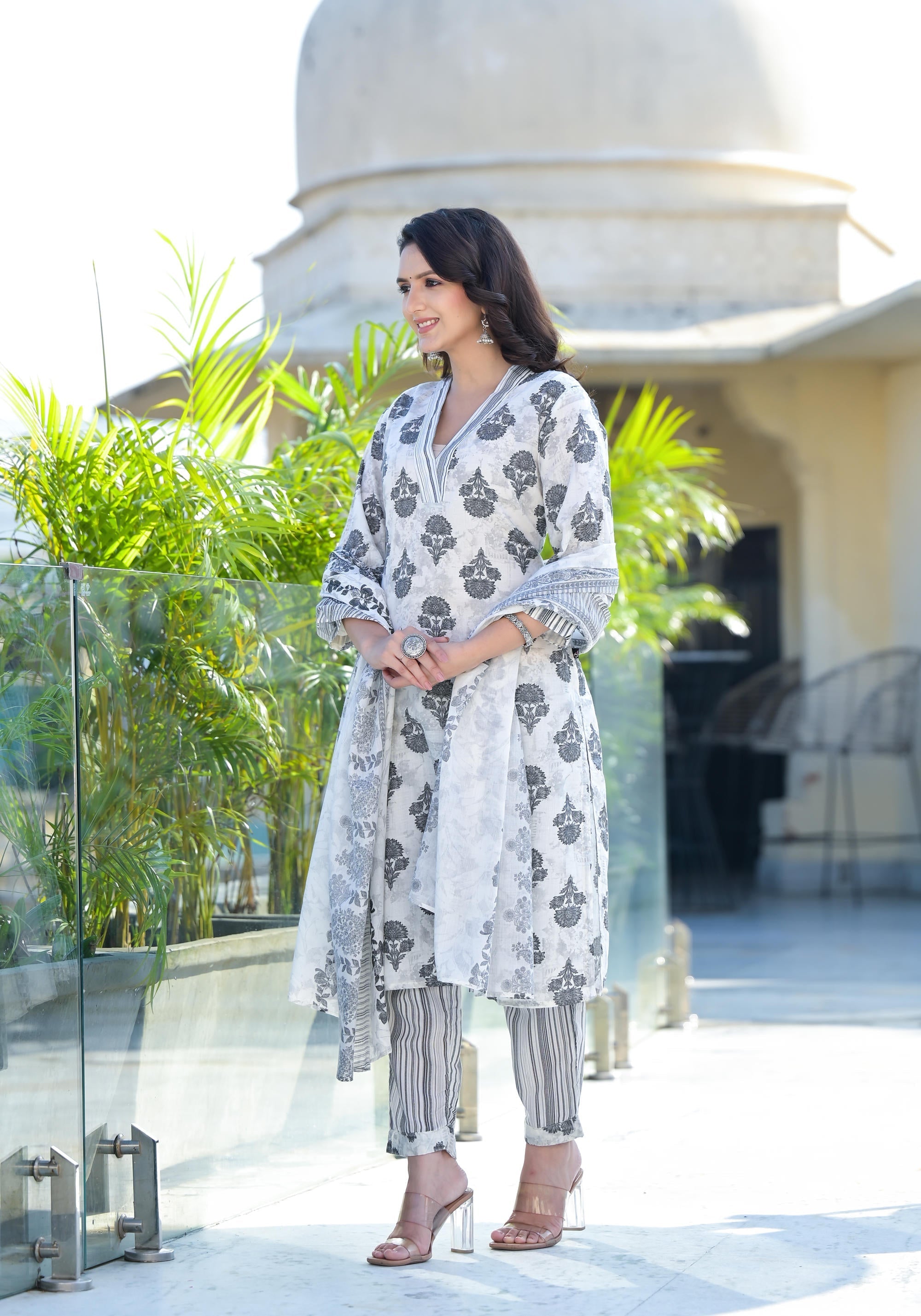 Grey Floral Printed Cotton Kurta Pant & Dupatta Set | DesiQlo
