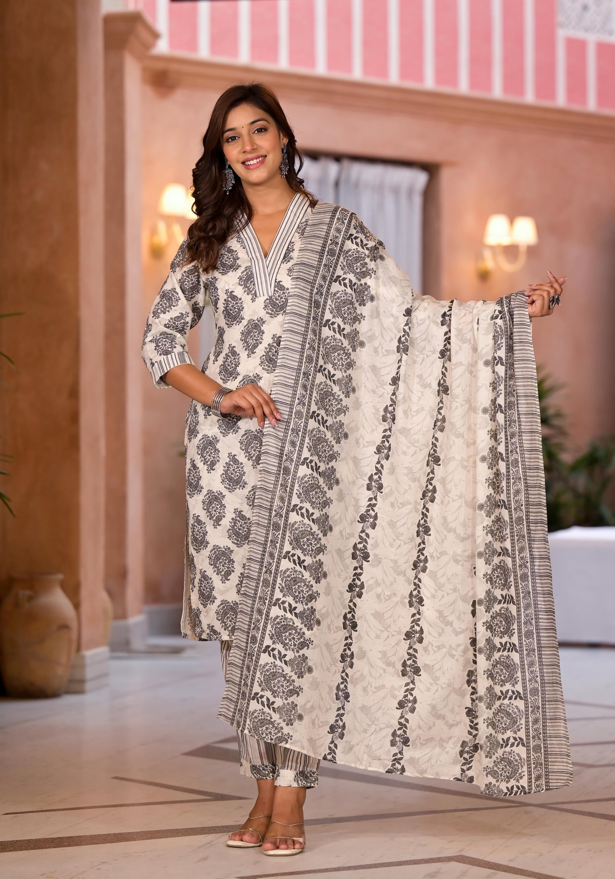 White Floral Printed Cotton Kurta Pant & Dupatta Set | DesiQlo