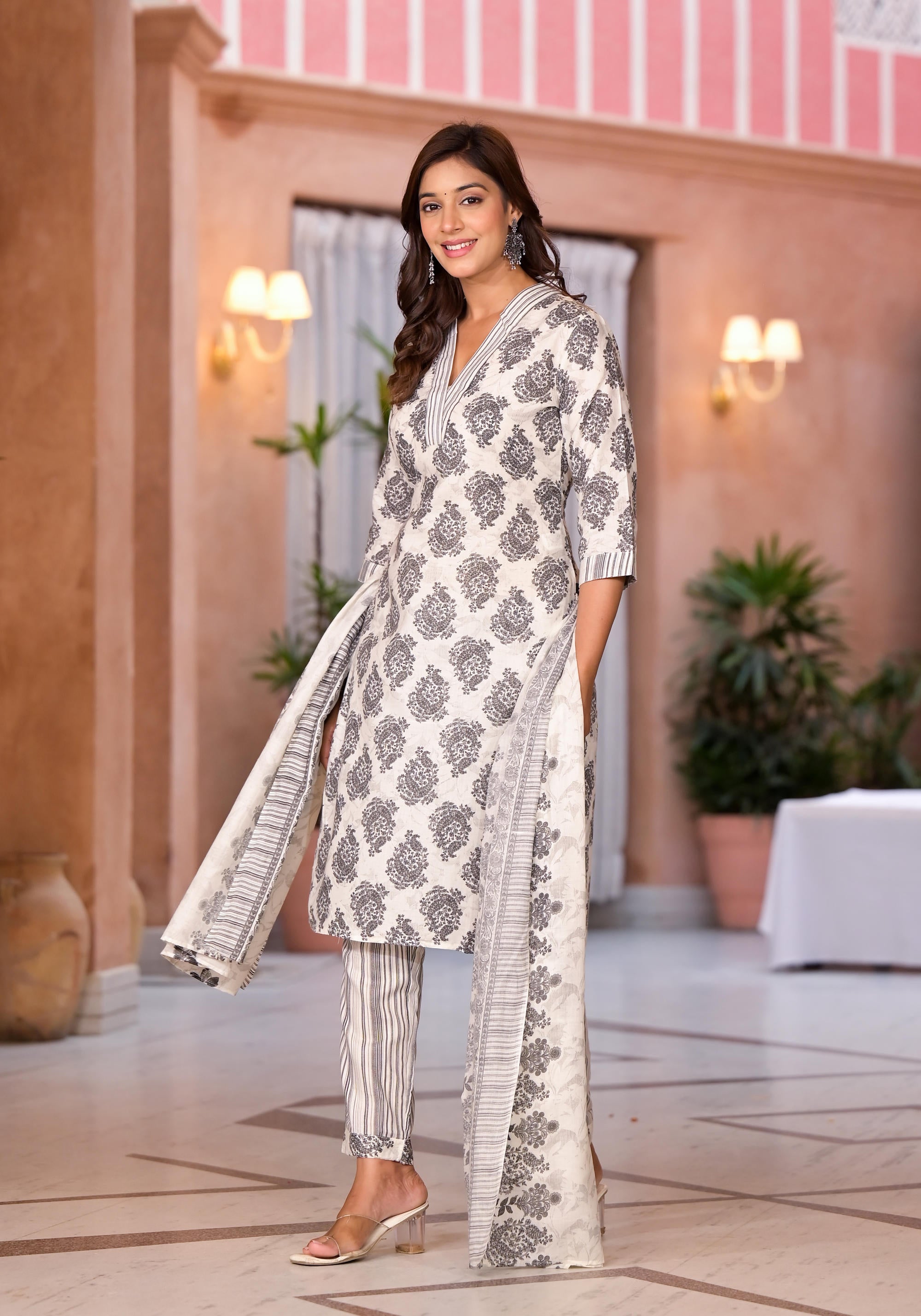 White Floral Printed Cotton Kurta Pant & Dupatta Set | DesiQlo