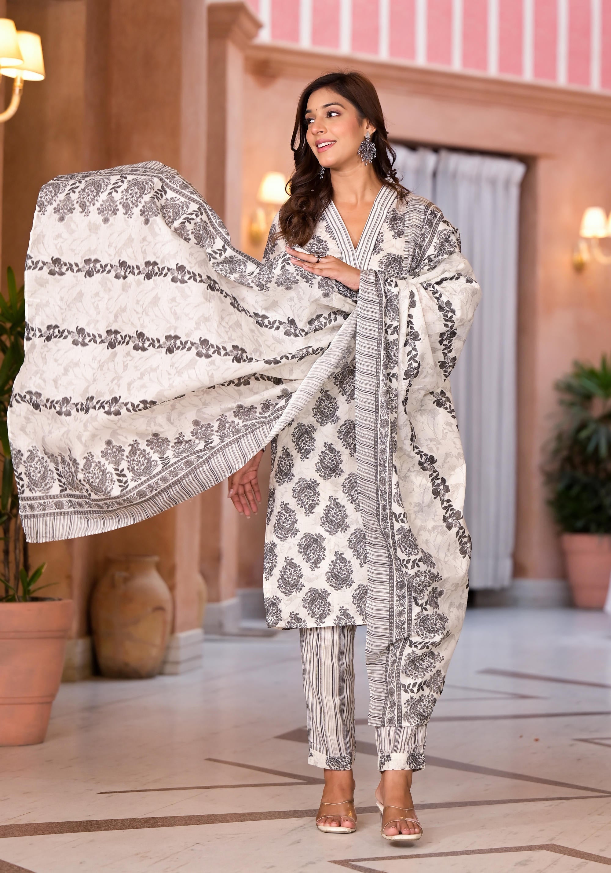 White Floral Printed Cotton Kurta Pant & Dupatta Set | DesiQlo
