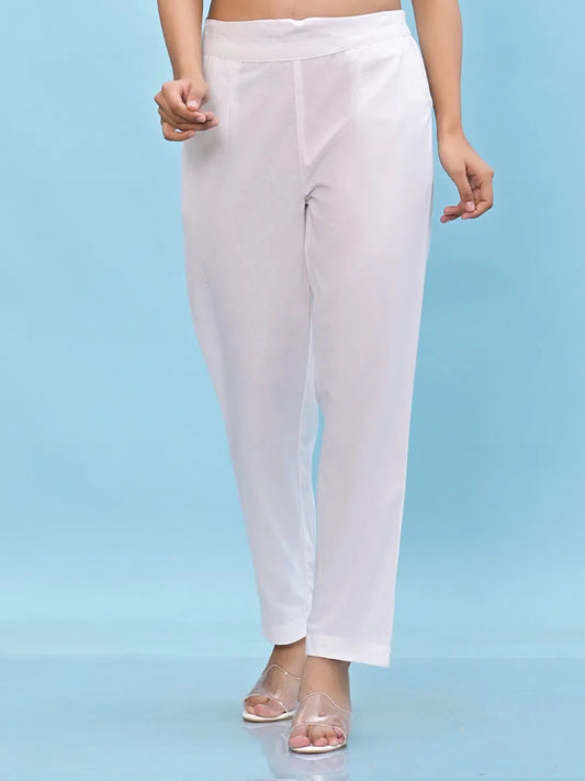 Women White Solid Cotton Pants with Partially Elasticated Waistband and Two Side Pockets-J4947OT9WHITE 1080